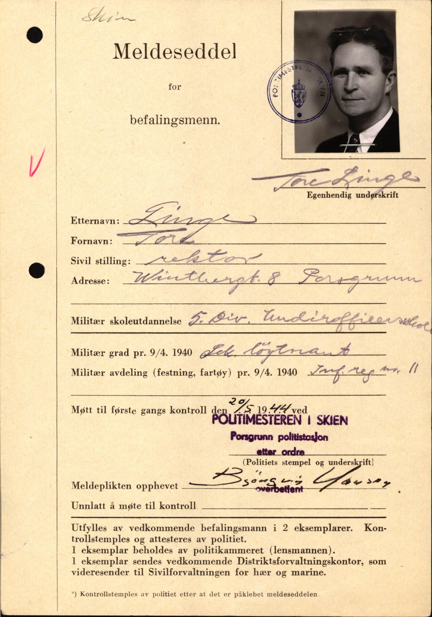 Forsvaret, Forsvarets krigshistoriske avdeling, AV/RA-RAFA-2017/Y/Yf/L0209: II-C-11-2121  -  Okkupasjonstiden.  Meldesedler for befal med foto og oppl. om militær grad 9. apr. 1940., 1944-1945, p. 99