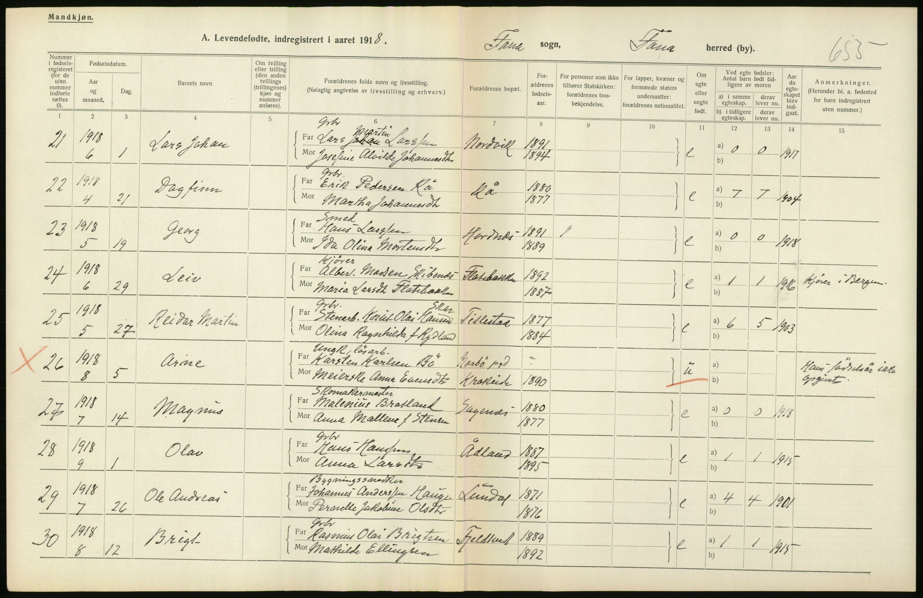 Statistisk sentralbyrå, Sosiodemografiske emner, Befolkning, RA/S-2228/D/Df/Dfb/Dfbh/L0034: Hordaland fylke: Levendefødte menn og kvinner. Bygder., 1918, p. 202