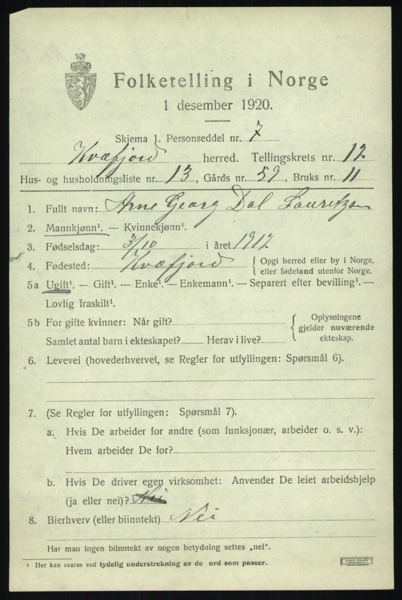 SATØ, 1920 census for Kvæfjord, 1920, p. 5847