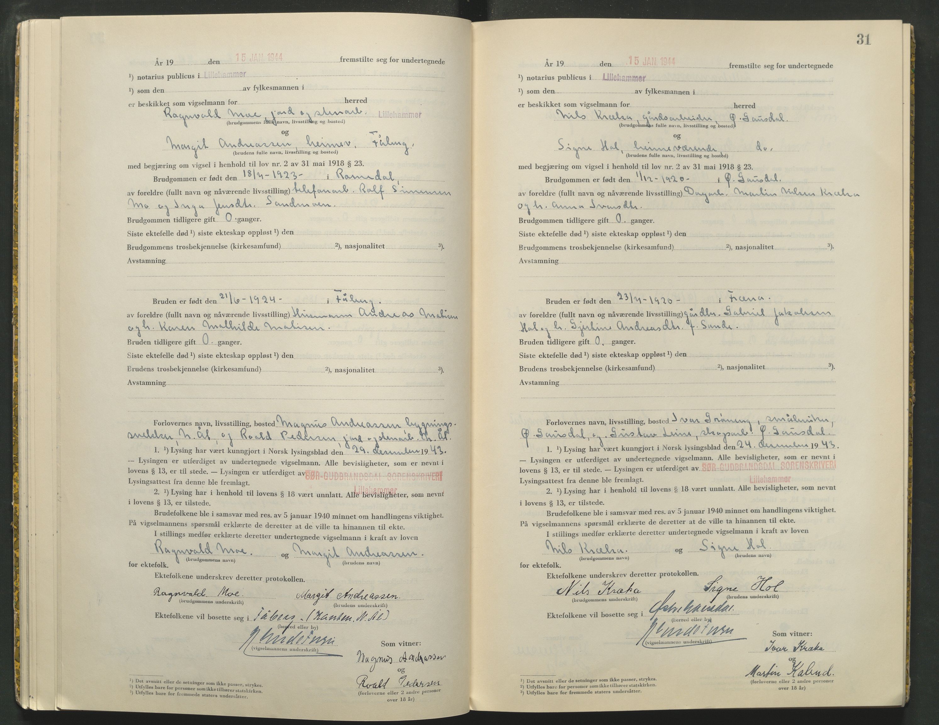 Sør-Gudbrandsdal tingrett, AV/SAH-TING-004/L/Lc/L0004: Vigselsprotokoll, 1943-1944, p. 31