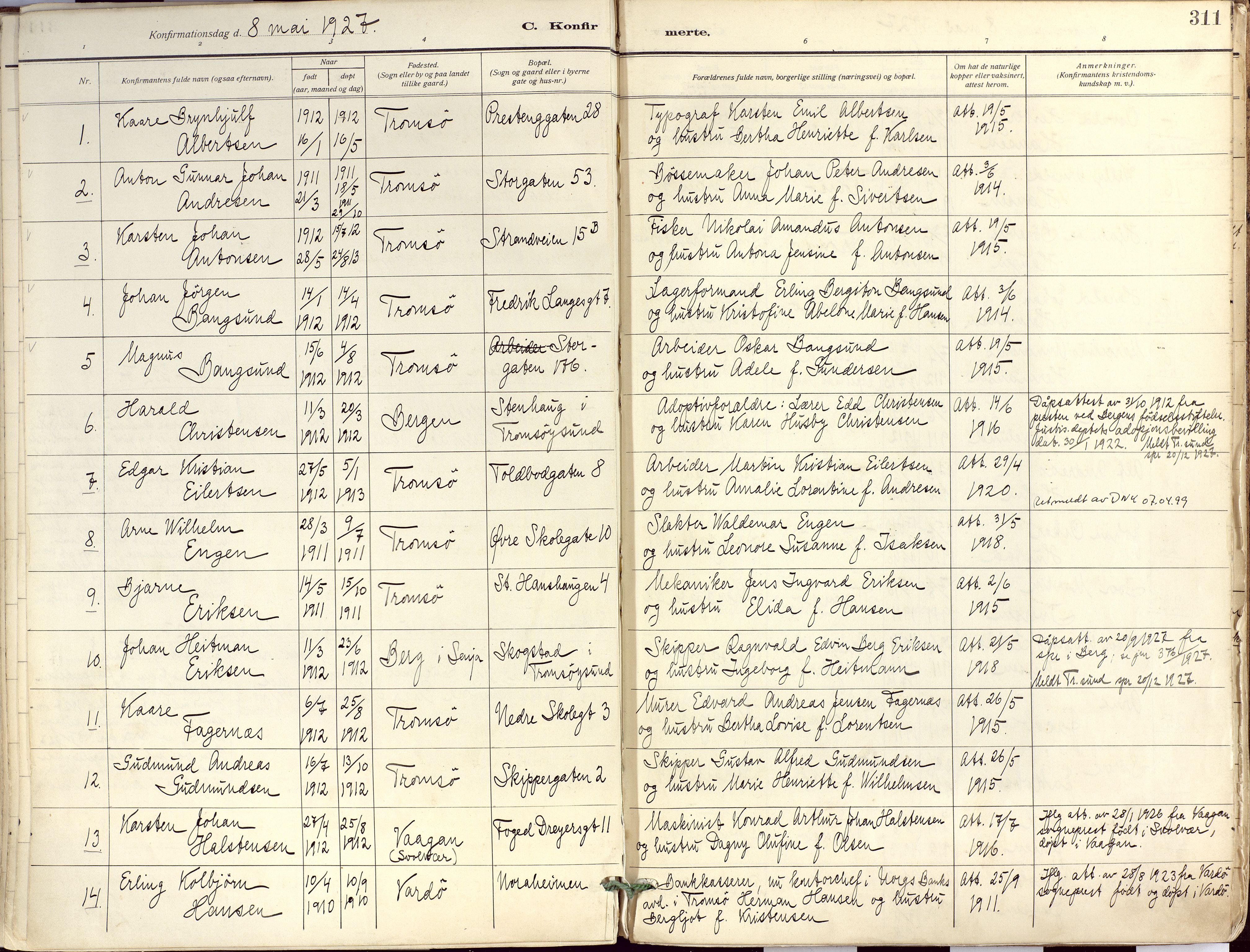 Tromsø sokneprestkontor/stiftsprosti/domprosti, SATØ/S-1343/G/Ga/L0019kirke: Parish register (official) no. 19, 1917-1927, p. 311