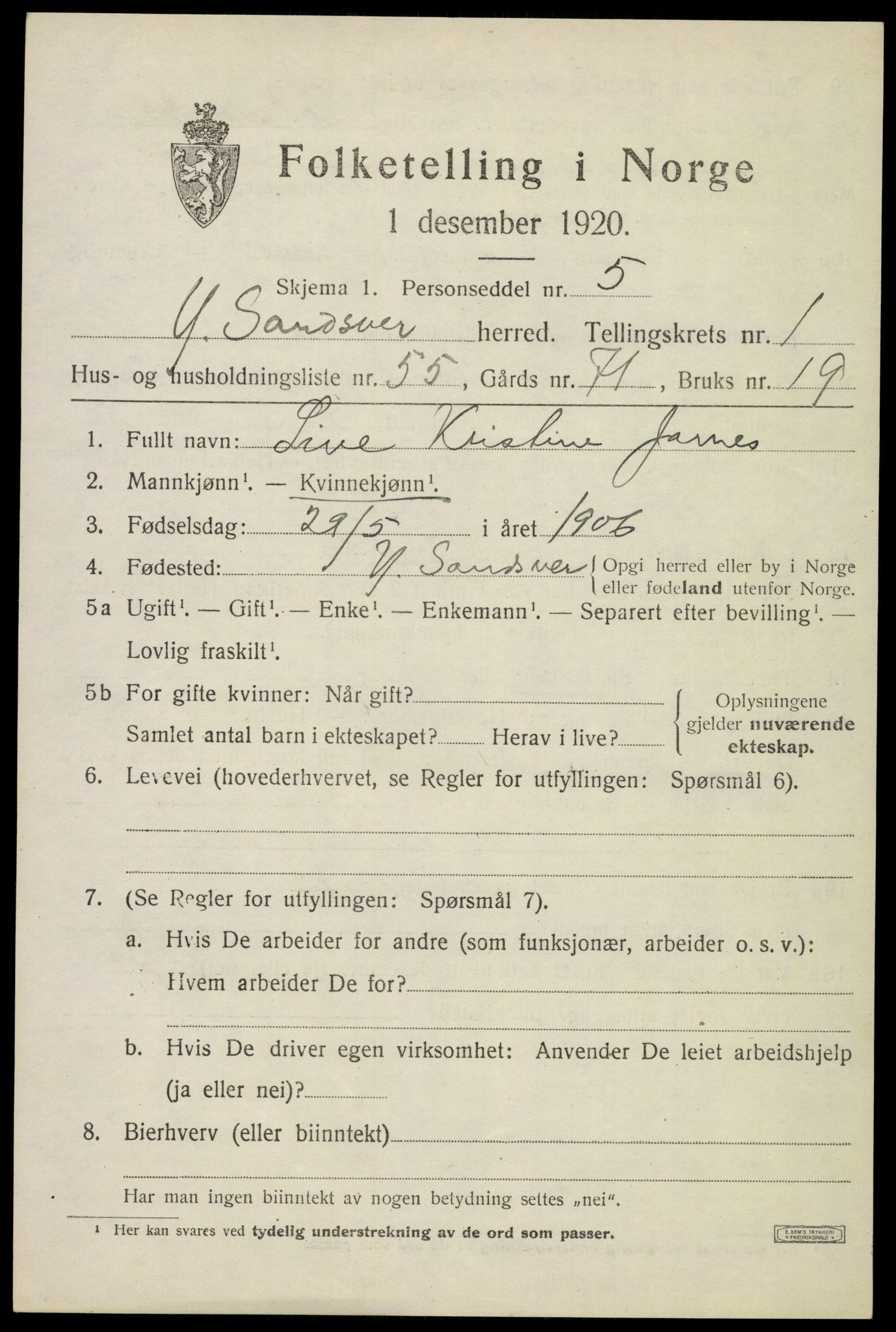 SAKO, 1920 census for Ytre Sandsvær, 1920, p. 1732