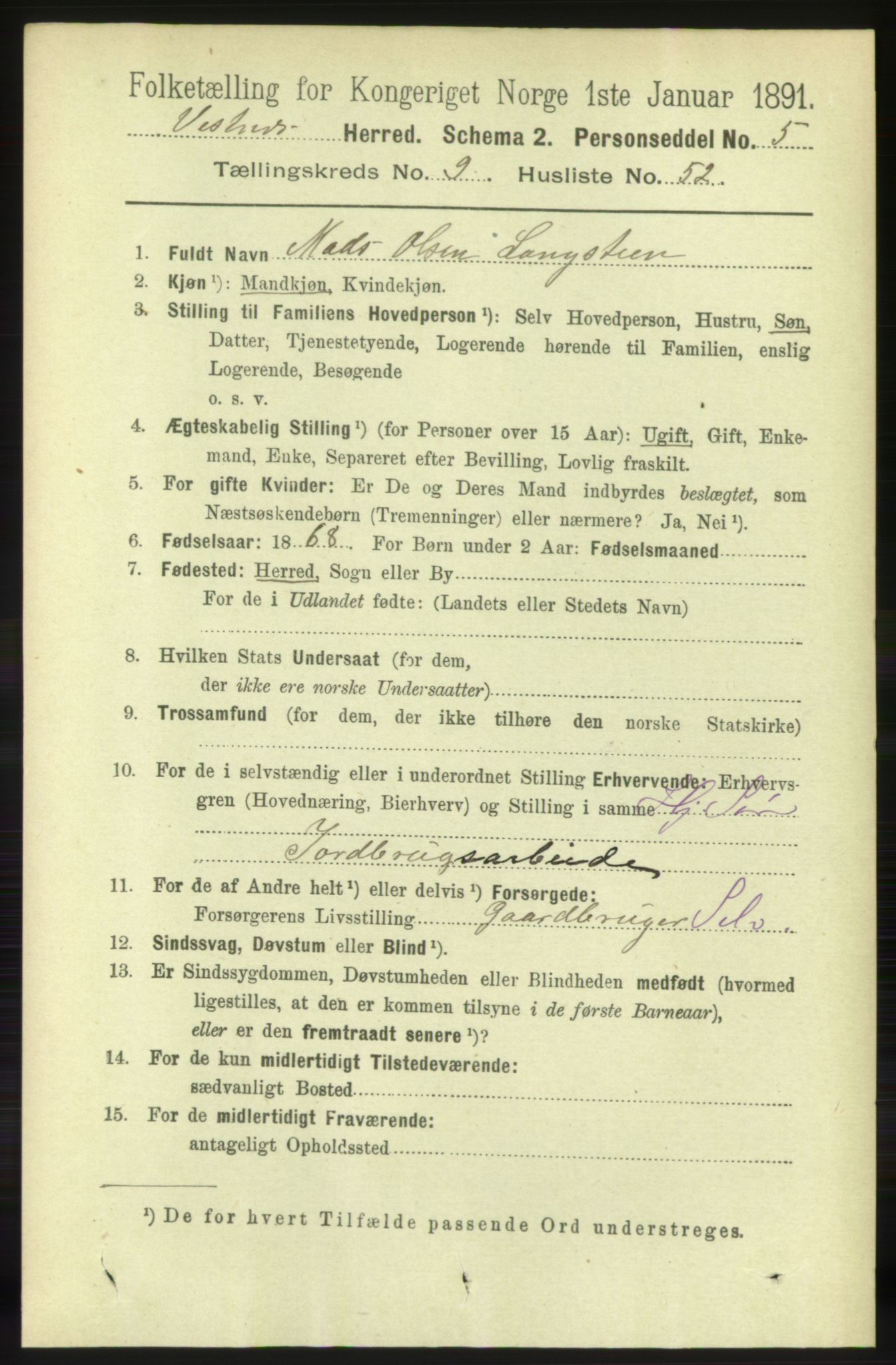 RA, 1891 census for 1535 Vestnes, 1891, p. 3641