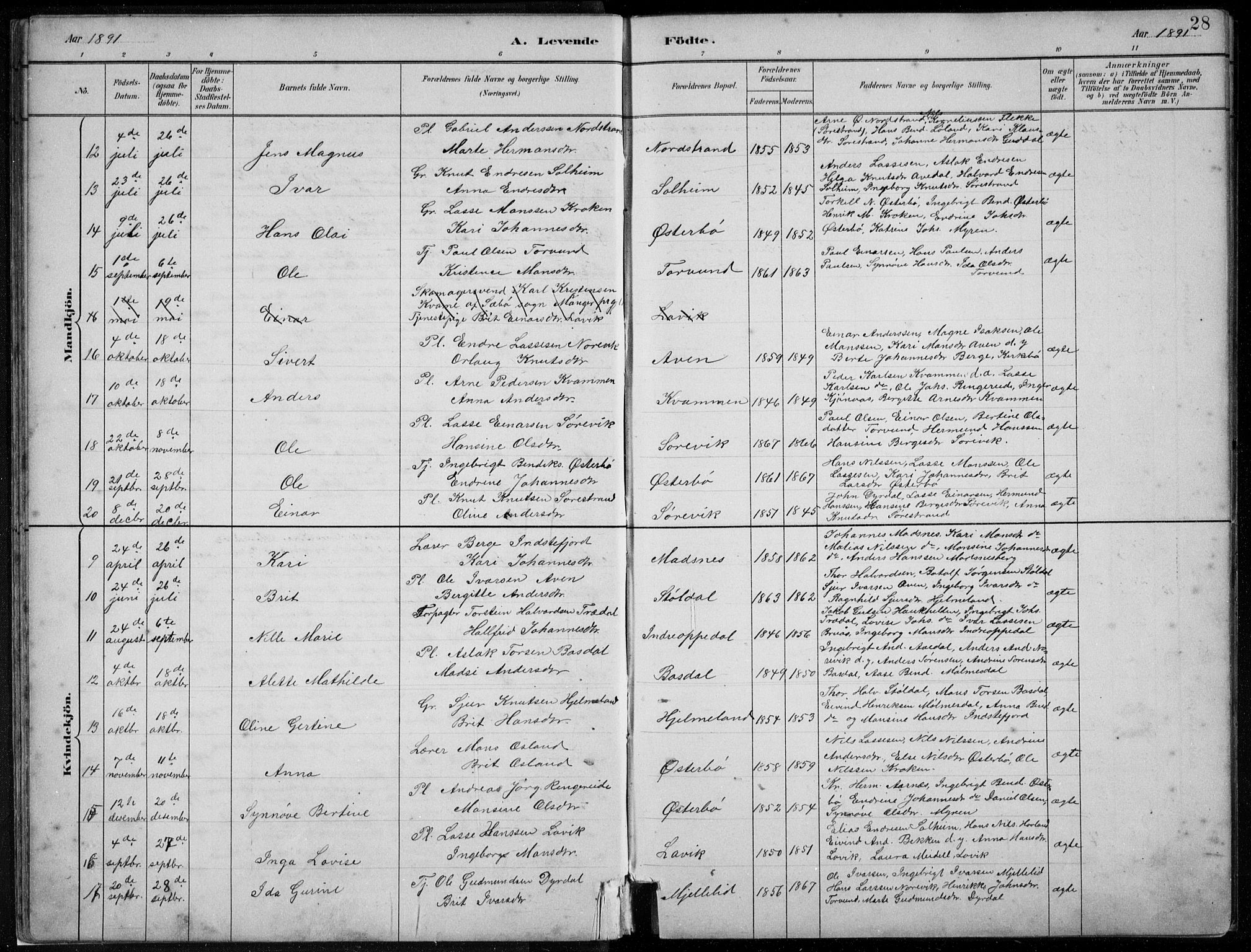 Lavik sokneprestembete, SAB/A-80901: Parish register (copy) no. A 2, 1882-1910, p. 28