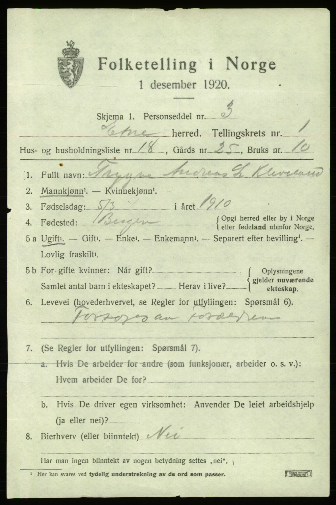 SAB, 1920 census for Etne, 1920, p. 1183