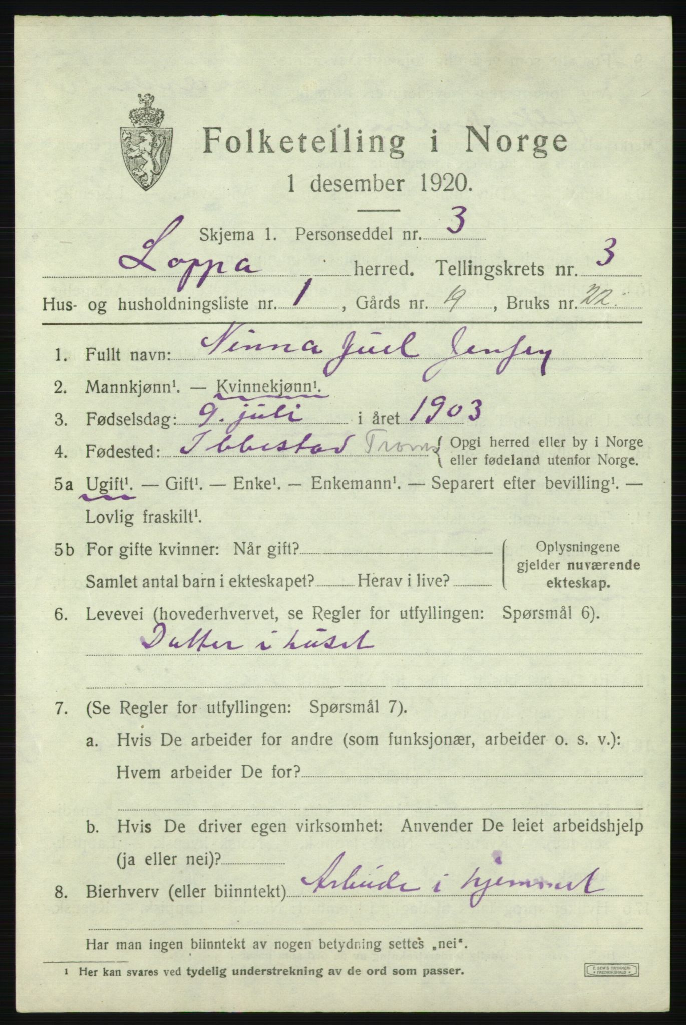 SATØ, 1920 census for Loppa, 1920, p. 1018