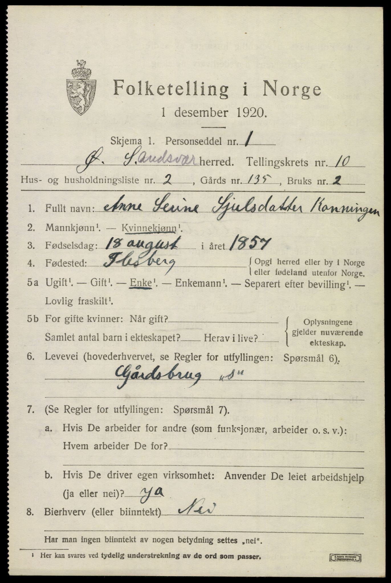 SAKO, 1920 census for Øvre Sandsvær, 1920, p. 5586