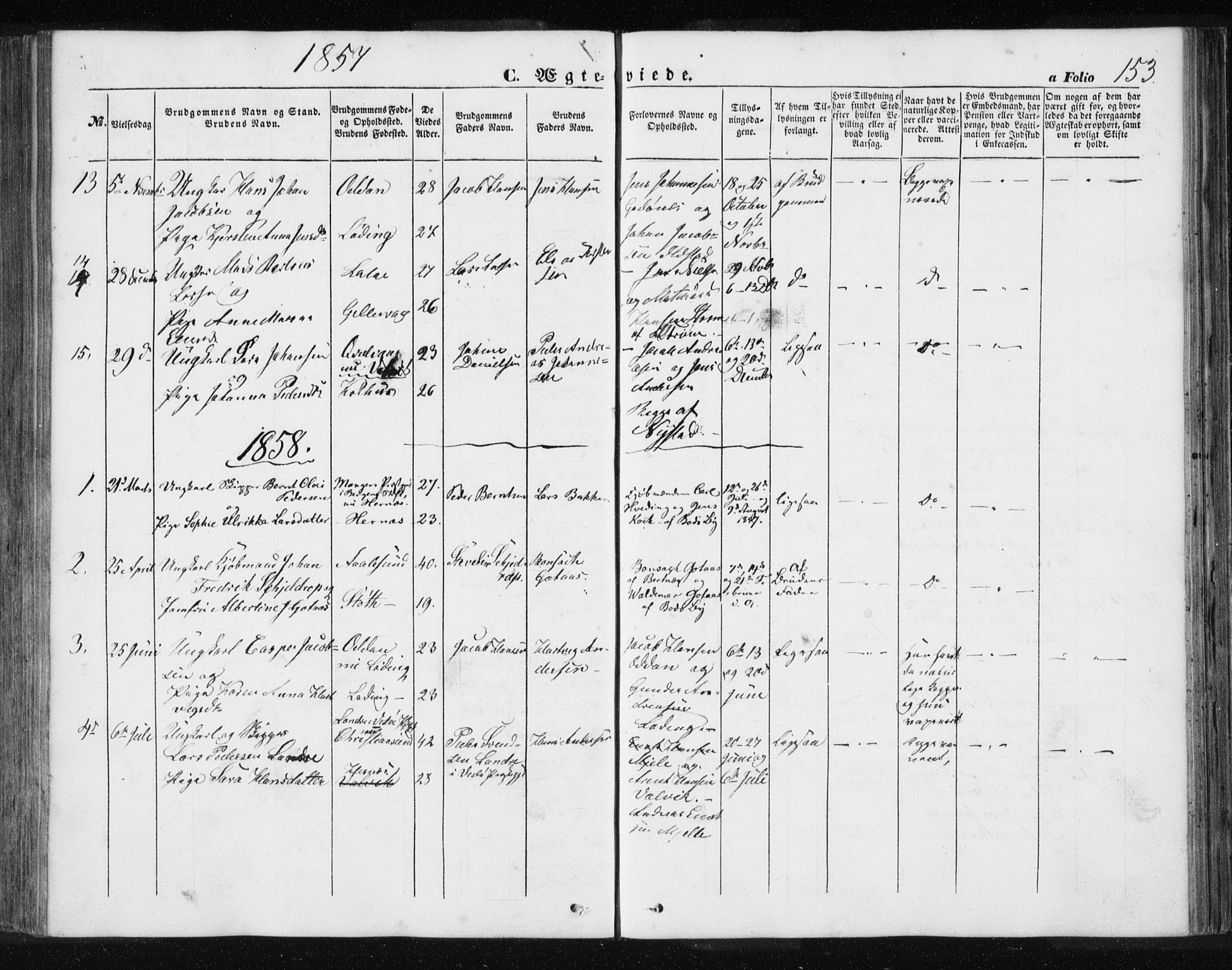 Ministerialprotokoller, klokkerbøker og fødselsregistre - Nordland, SAT/A-1459/801/L0028: Parish register (copy) no. 801C03, 1855-1867, p. 153
