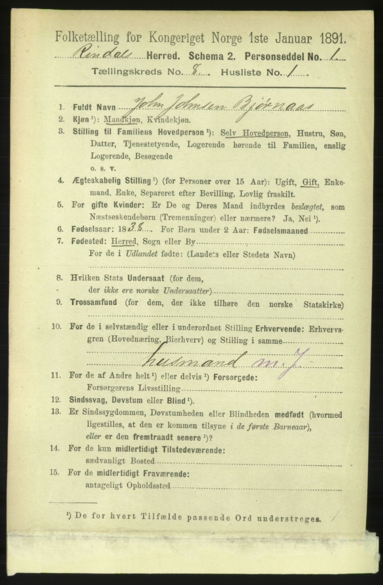 RA, 1891 census for 1567 Rindal, 1891, p. 2459