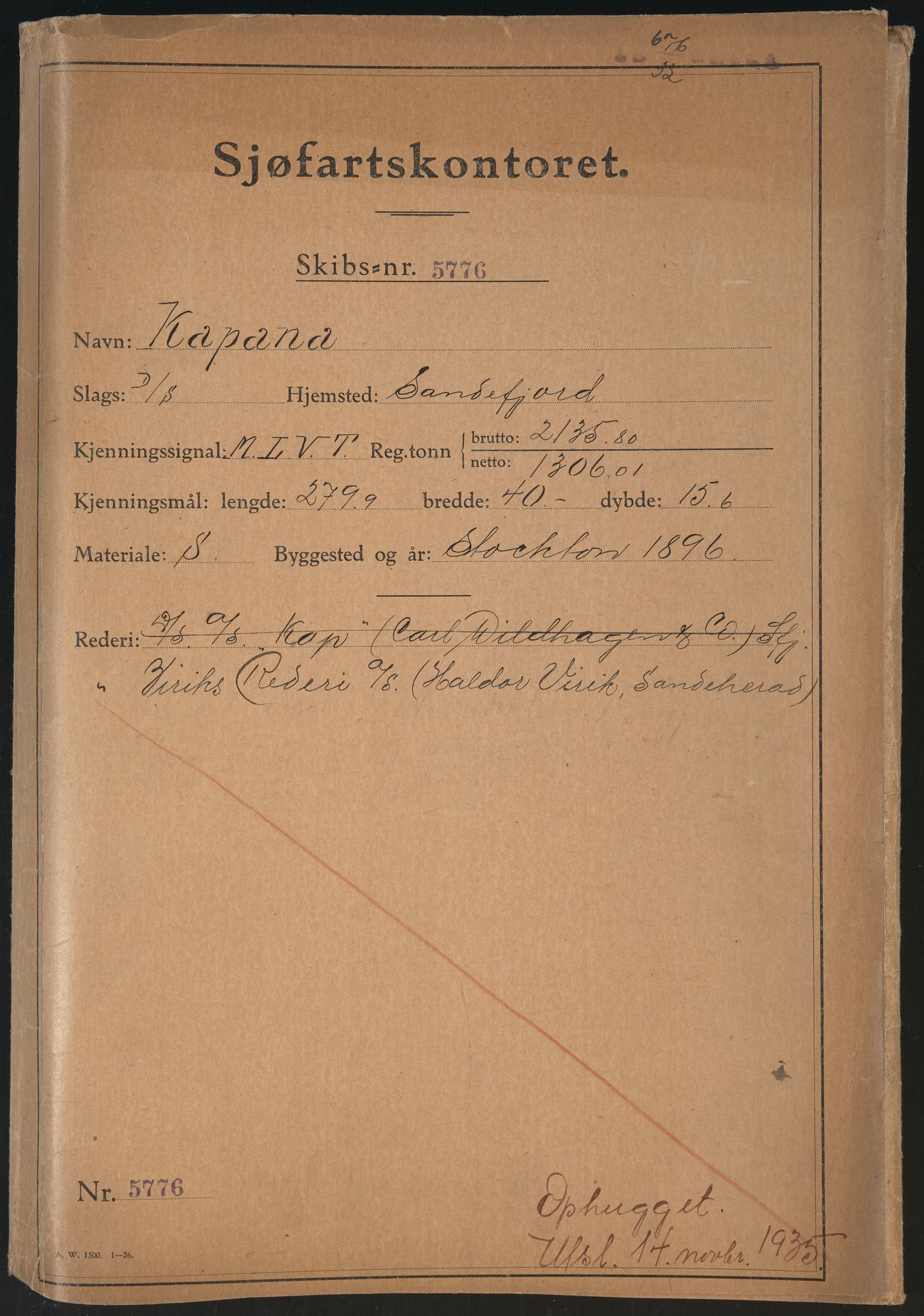 Sjøfartsdirektoratet med forløpere, skipsmapper slettede skip, RA/S-4998/F/Fa/L0586: --, 1894-1935, p. 1