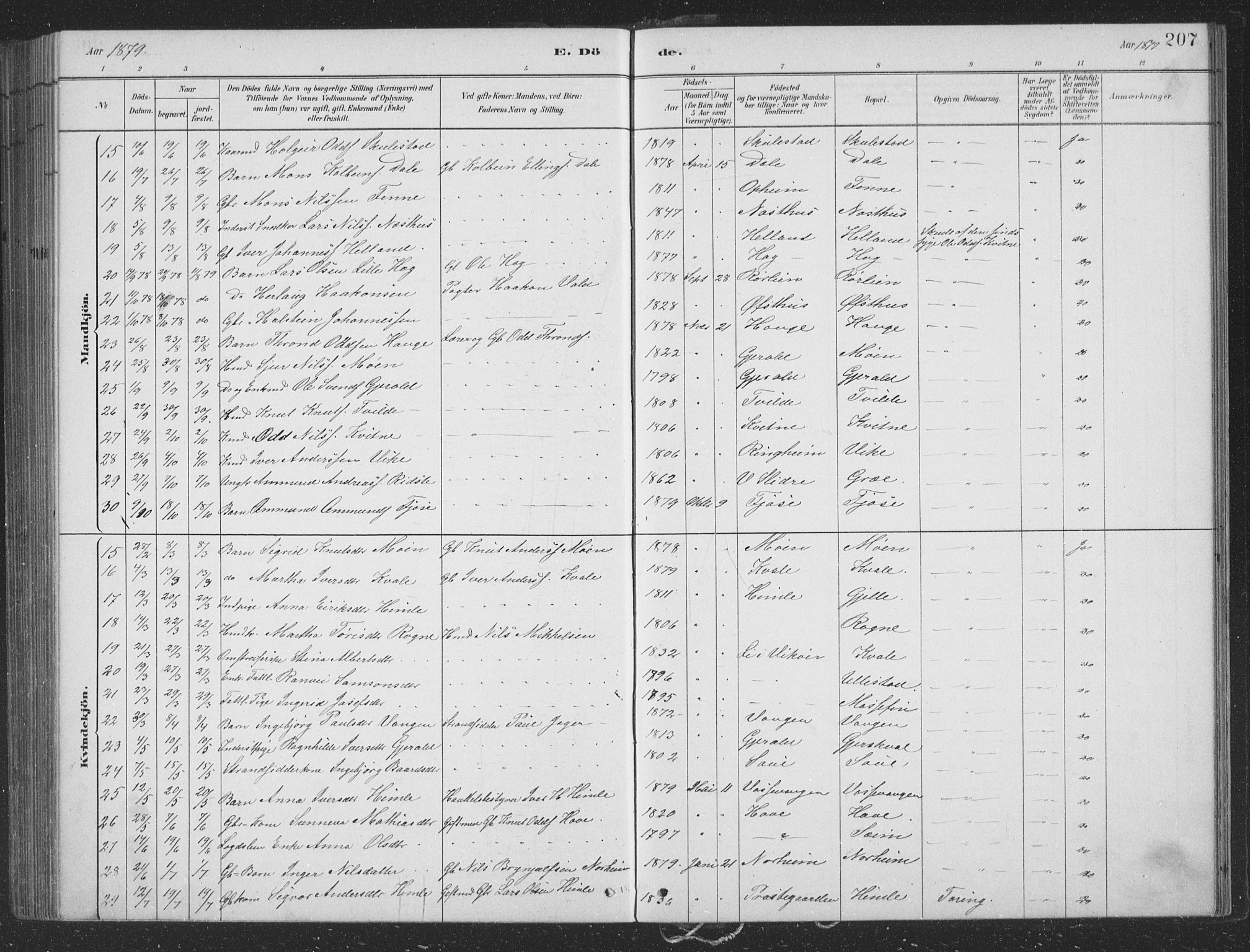 Voss sokneprestembete, SAB/A-79001/H/Hab: Parish register (copy) no. B 3, 1879-1894, p. 207