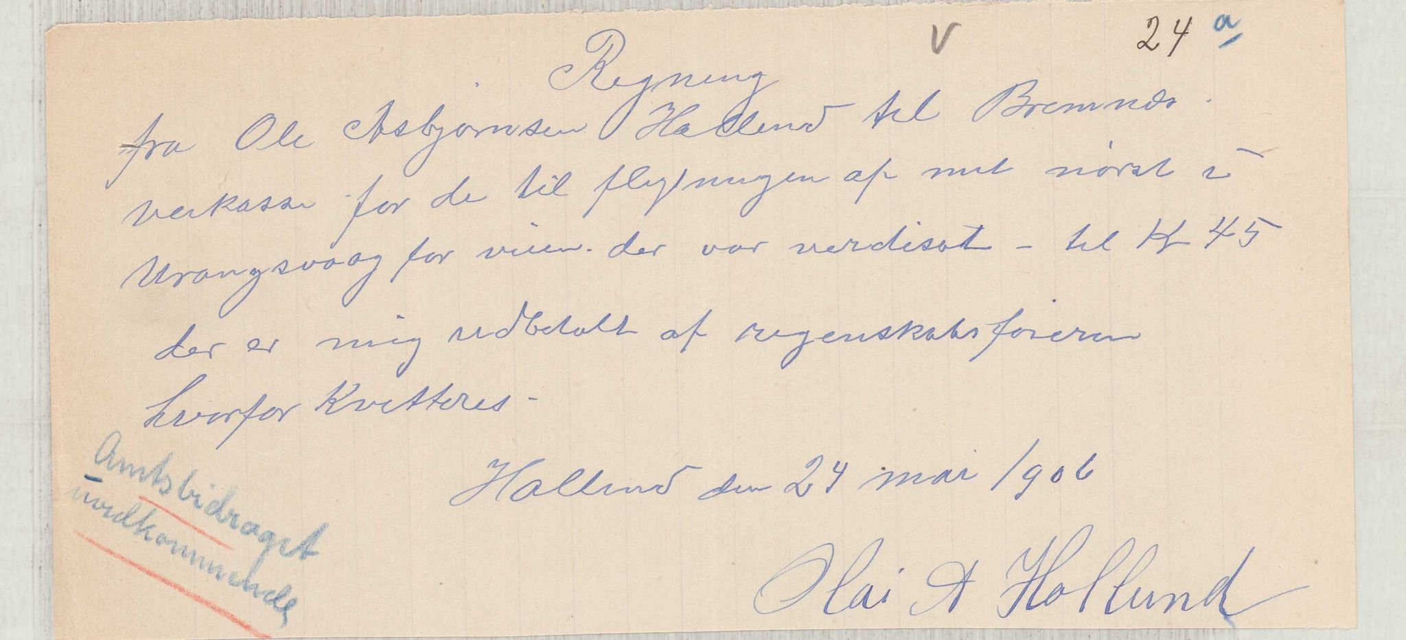 Finnaas kommune. Formannskapet, IKAH/1218a-021/E/Ea/L0002/0004: Rekneskap for veganlegg / Rekneskap for veganlegget Urangsvåg - Mælandsvåg, 1906, p. 40