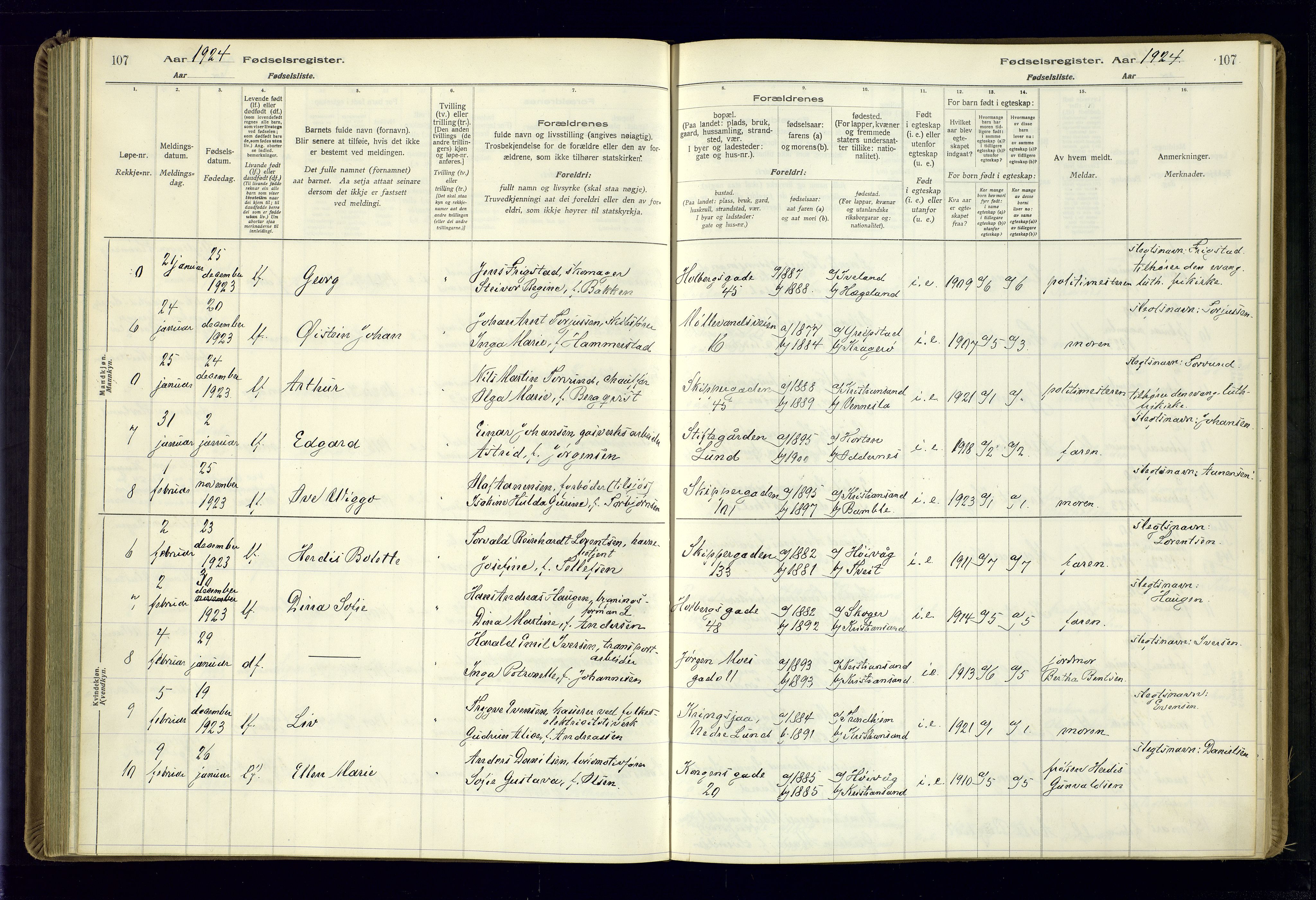 Kristiansand domprosti, AV/SAK-1112-0006/J/Jc/L0002: Birth register no. A-VI-46, 1921-1926, p. 107