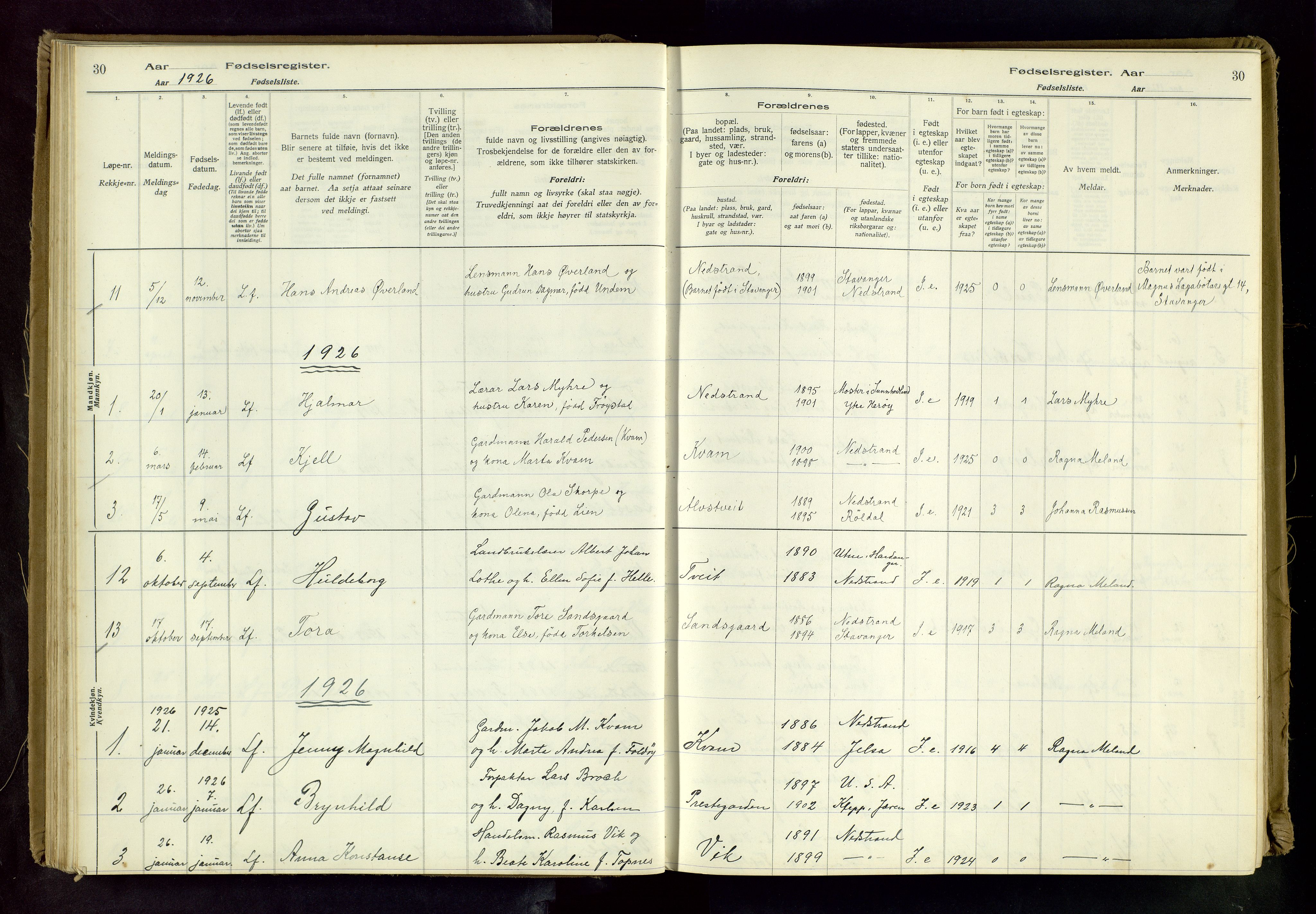 Nedstrand sokneprestkontor, SAST/A-101841/03/C/L0001: Birth register no. 1, 1916-1981, p. 30