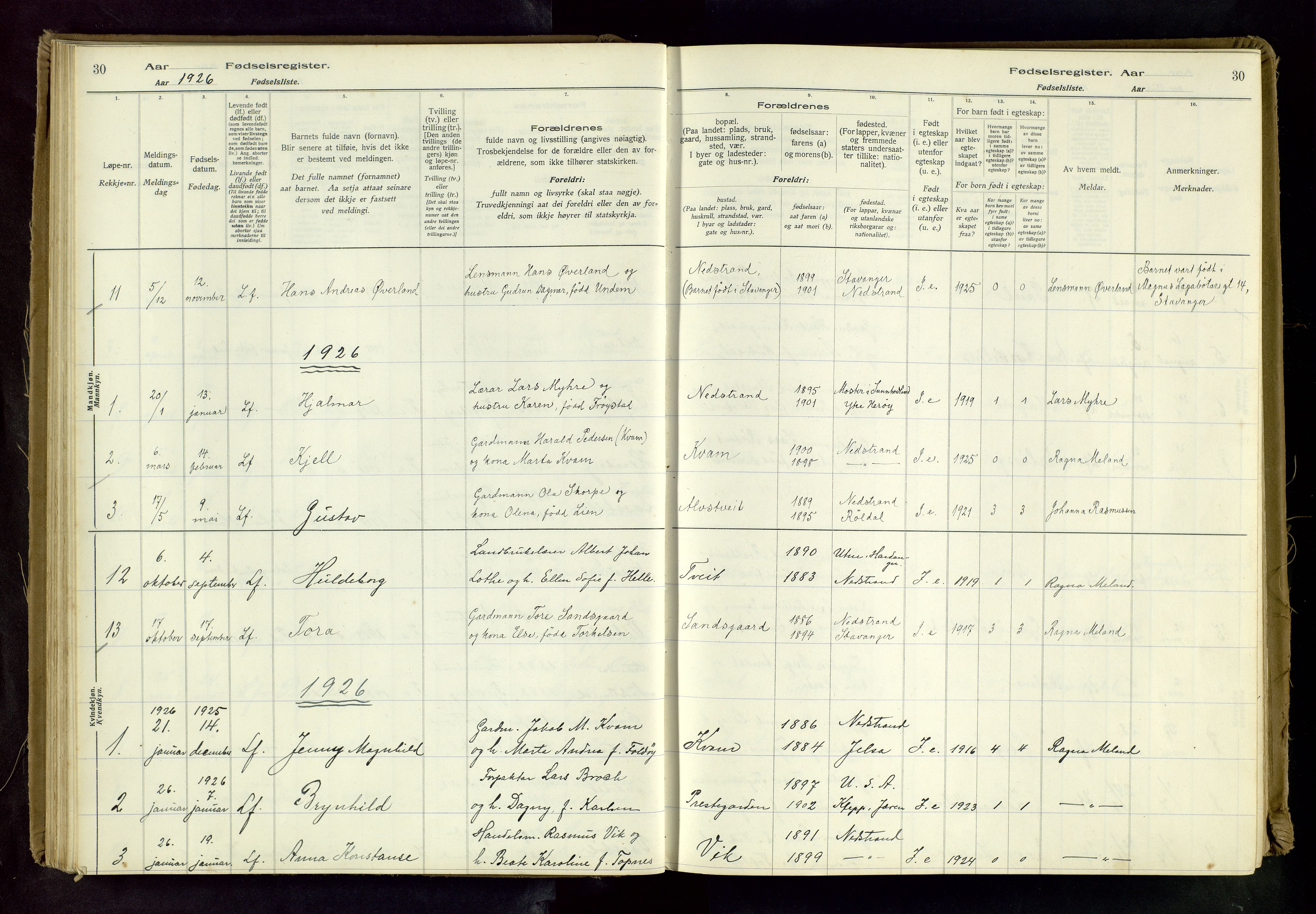 Nedstrand sokneprestkontor, AV/SAST-A-101841/03/C/L0001: Birth register no. 1, 1916-1981, p. 30