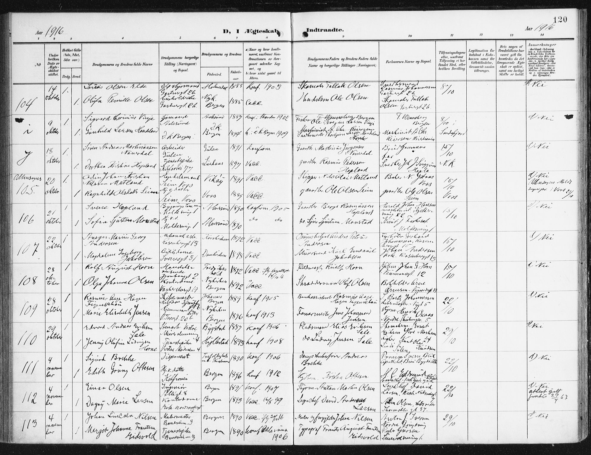 Domkirken sokneprestembete, AV/SAB-A-74801/H/Haa/L0038: Parish register (official) no. D 5, 1906-1921, p. 120