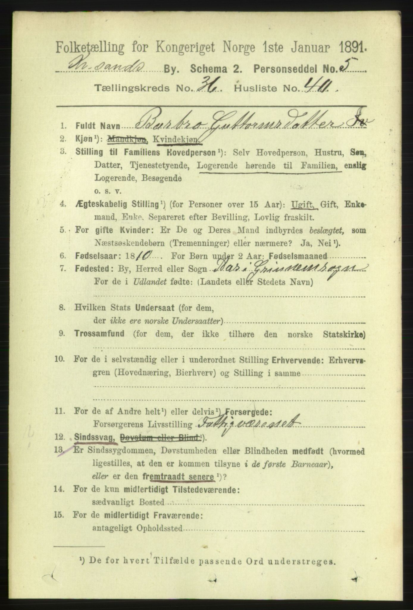 RA, 1891 census for 1001 Kristiansand, 1891, p. 11636