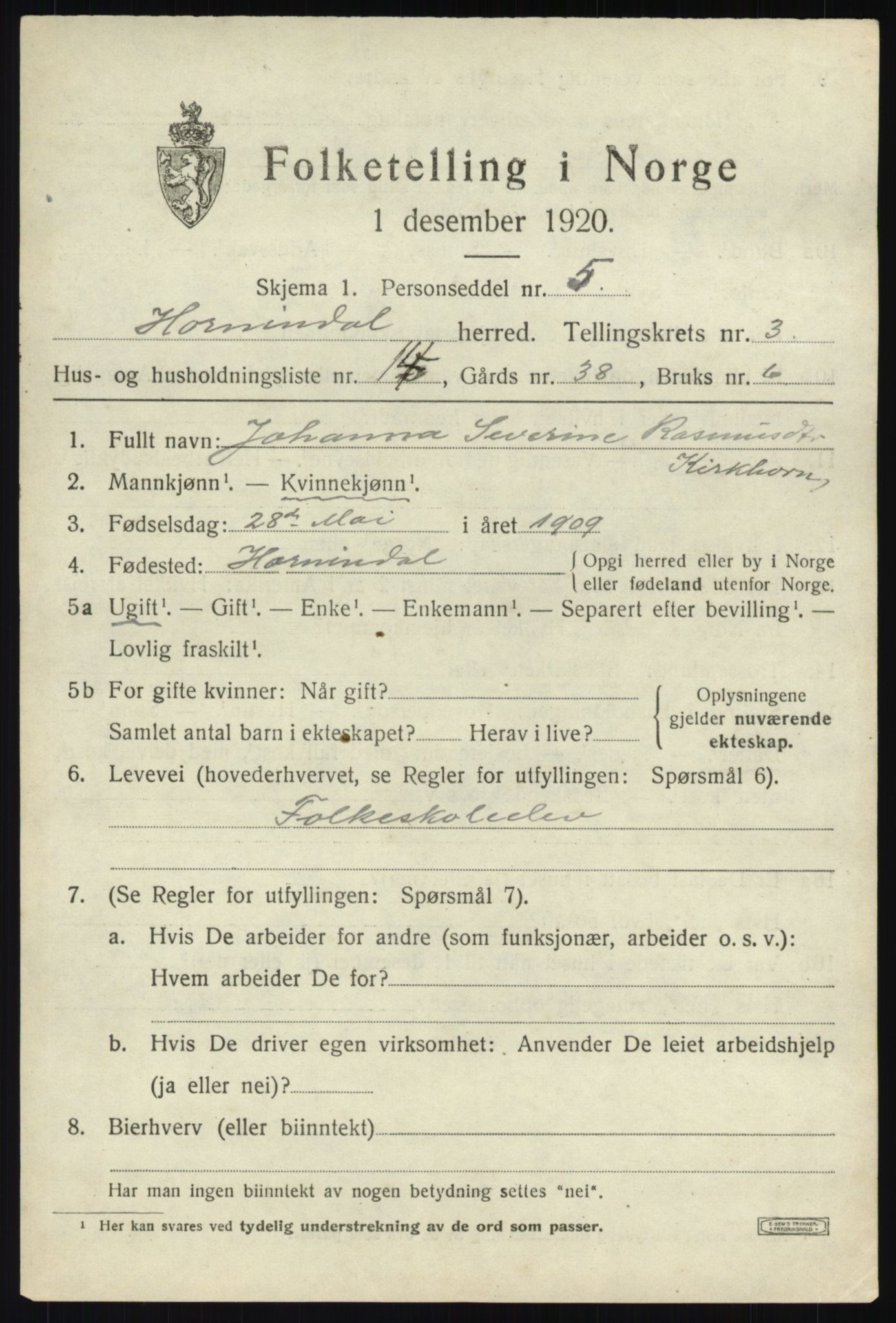 SAB, 1920 census for Hornindal, 1920, p. 1256