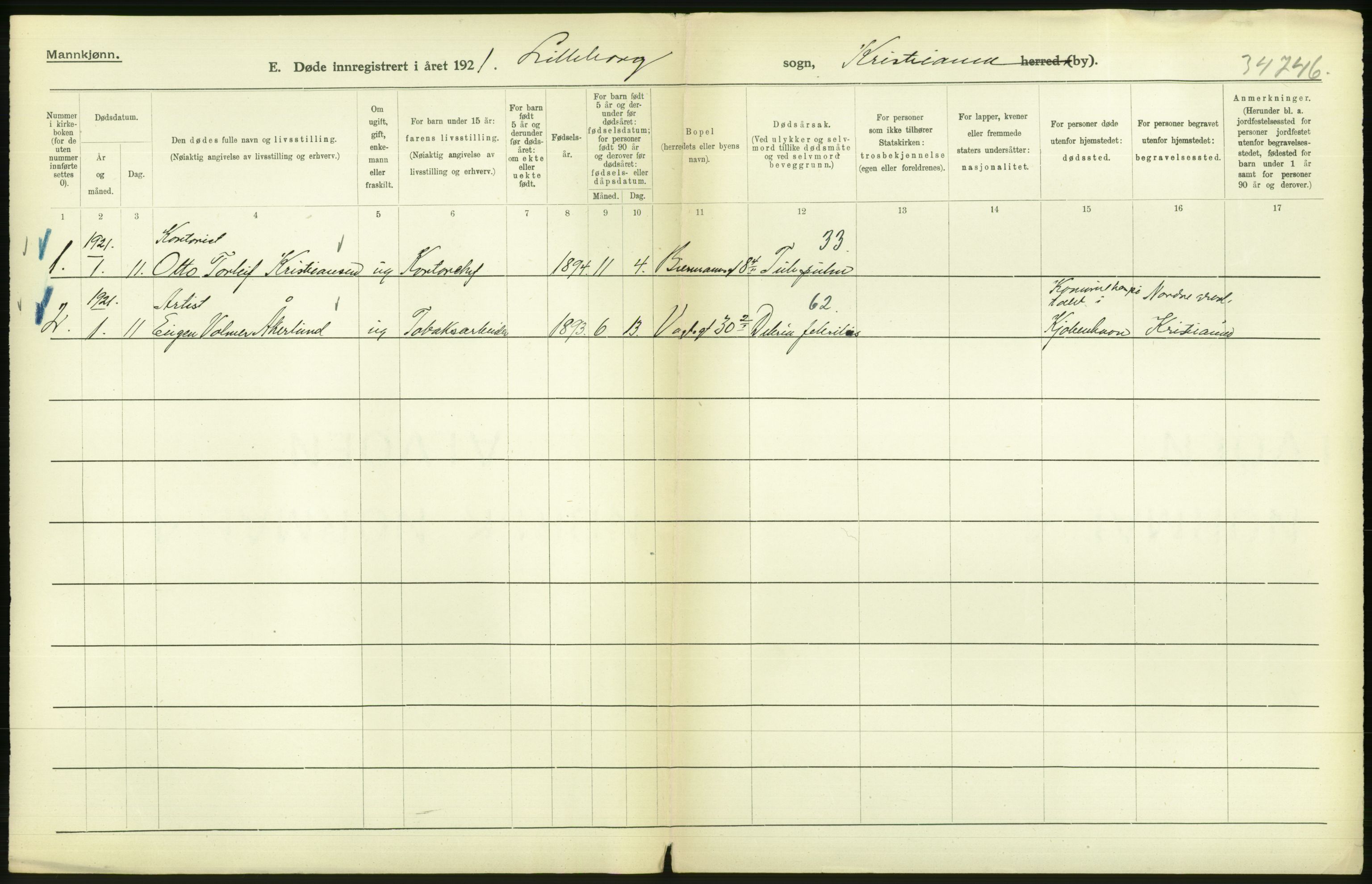 Statistisk sentralbyrå, Sosiodemografiske emner, Befolkning, AV/RA-S-2228/D/Df/Dfc/Dfca/L0012: Kristiania: Døde, 1921, p. 102