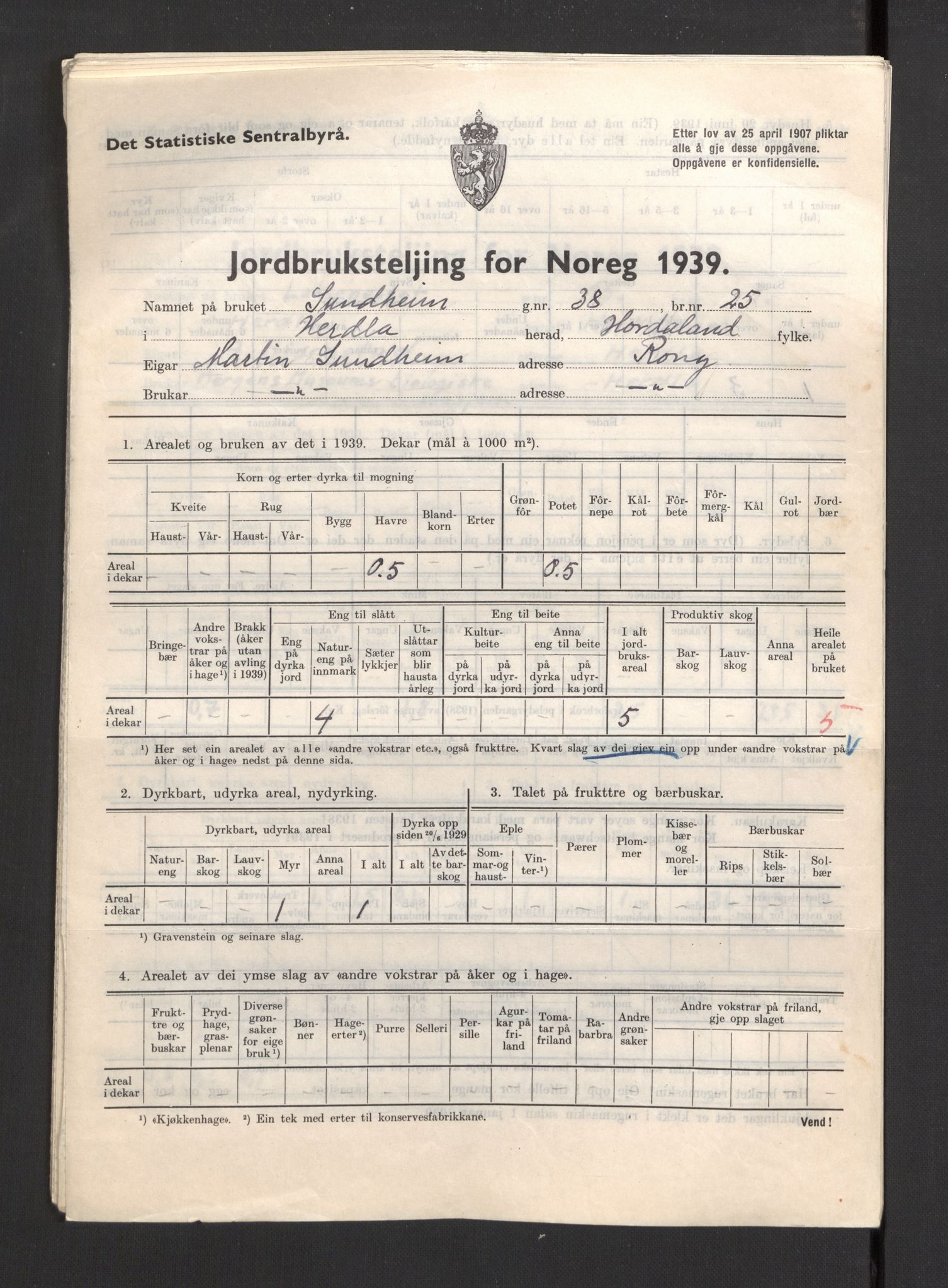 Statistisk sentralbyrå, Næringsøkonomiske emner, Jordbruk, skogbruk, jakt, fiske og fangst, AV/RA-S-2234/G/Gb/L0211: Hordaland: Herdla, Hjelme og Manger, 1939, p. 119