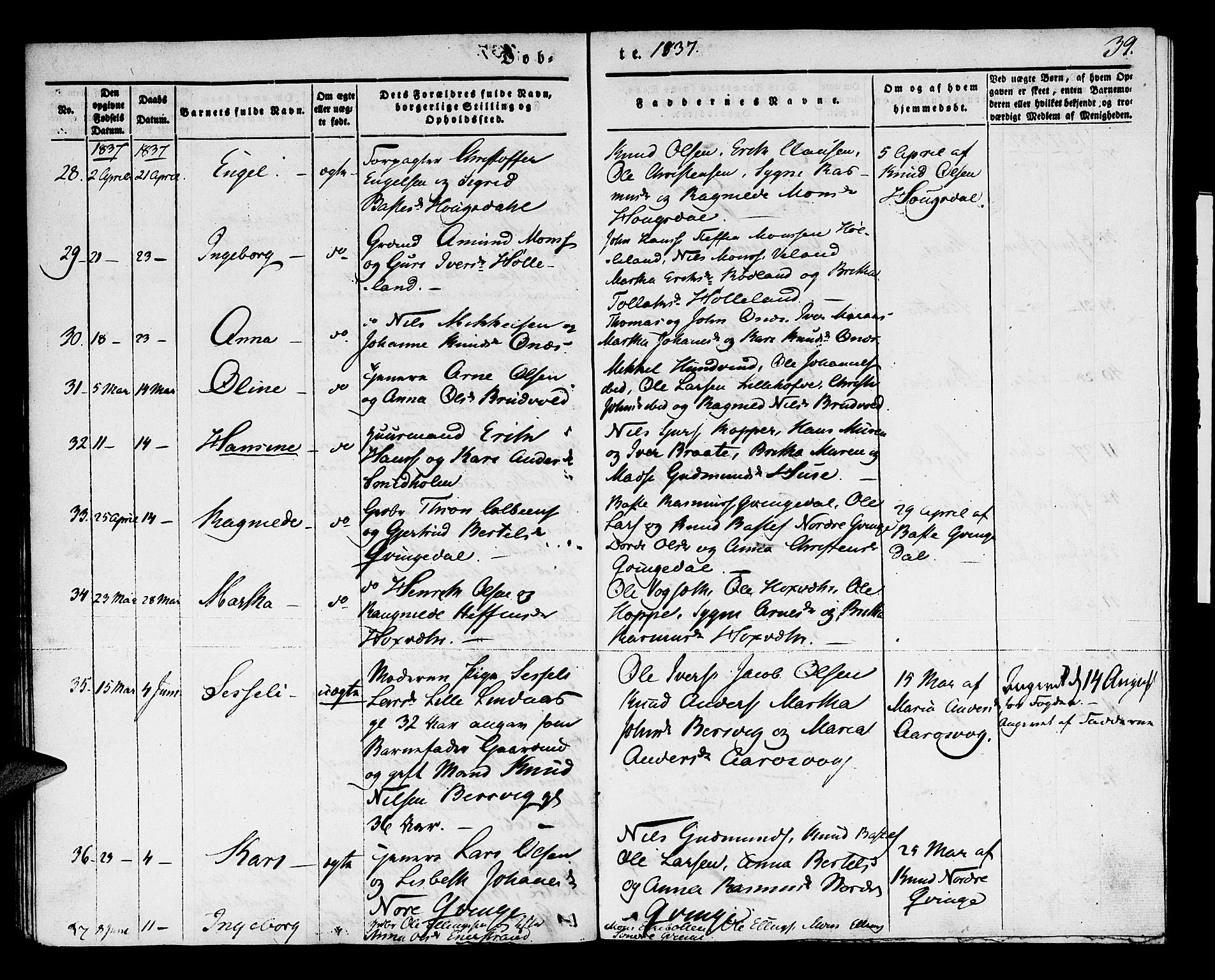 Lindås Sokneprestembete, SAB/A-76701/H/Haa: Parish register (official) no. A 9, 1835-1841, p. 39