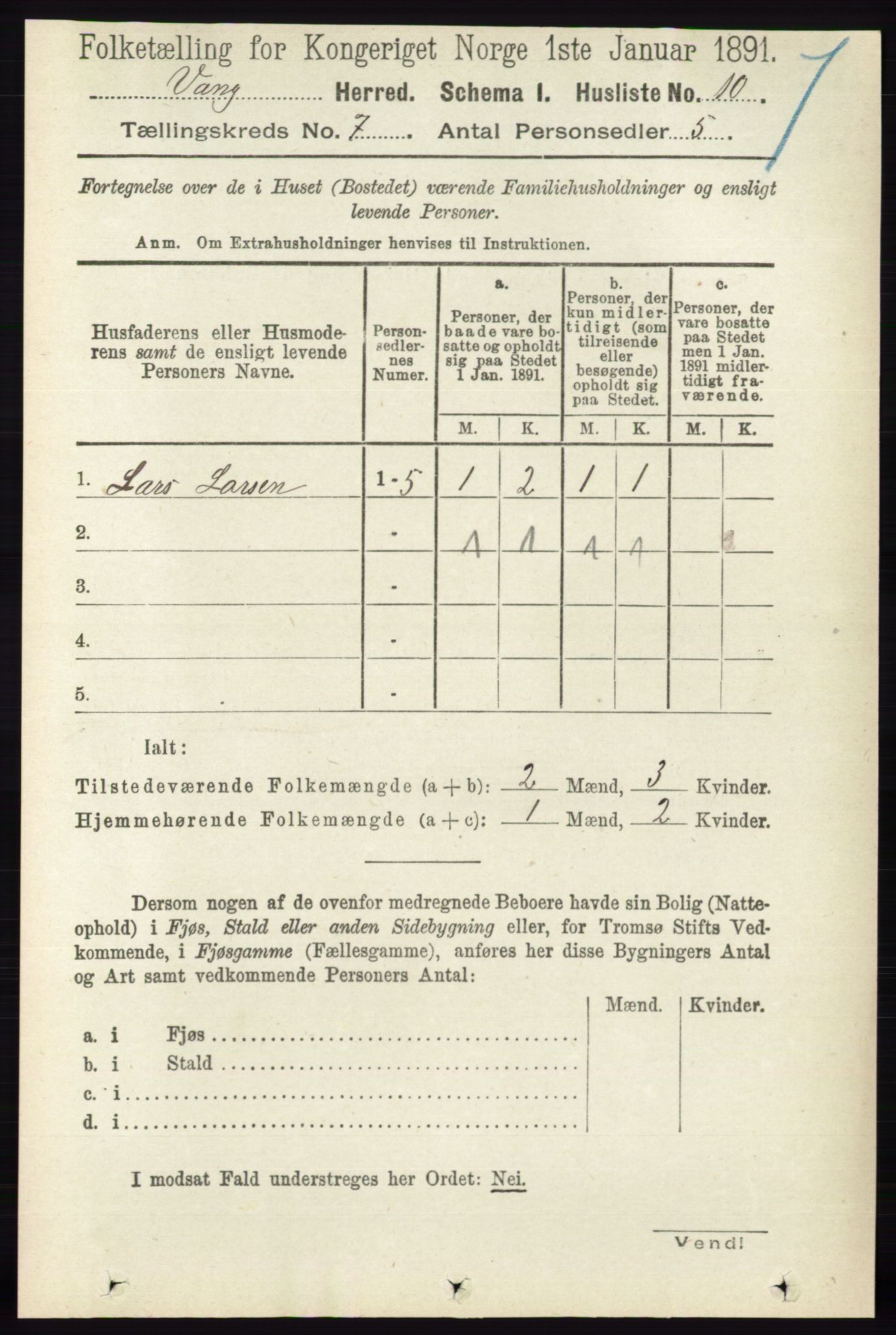 RA, 1891 census for 0414 Vang, 1891, p. 4929