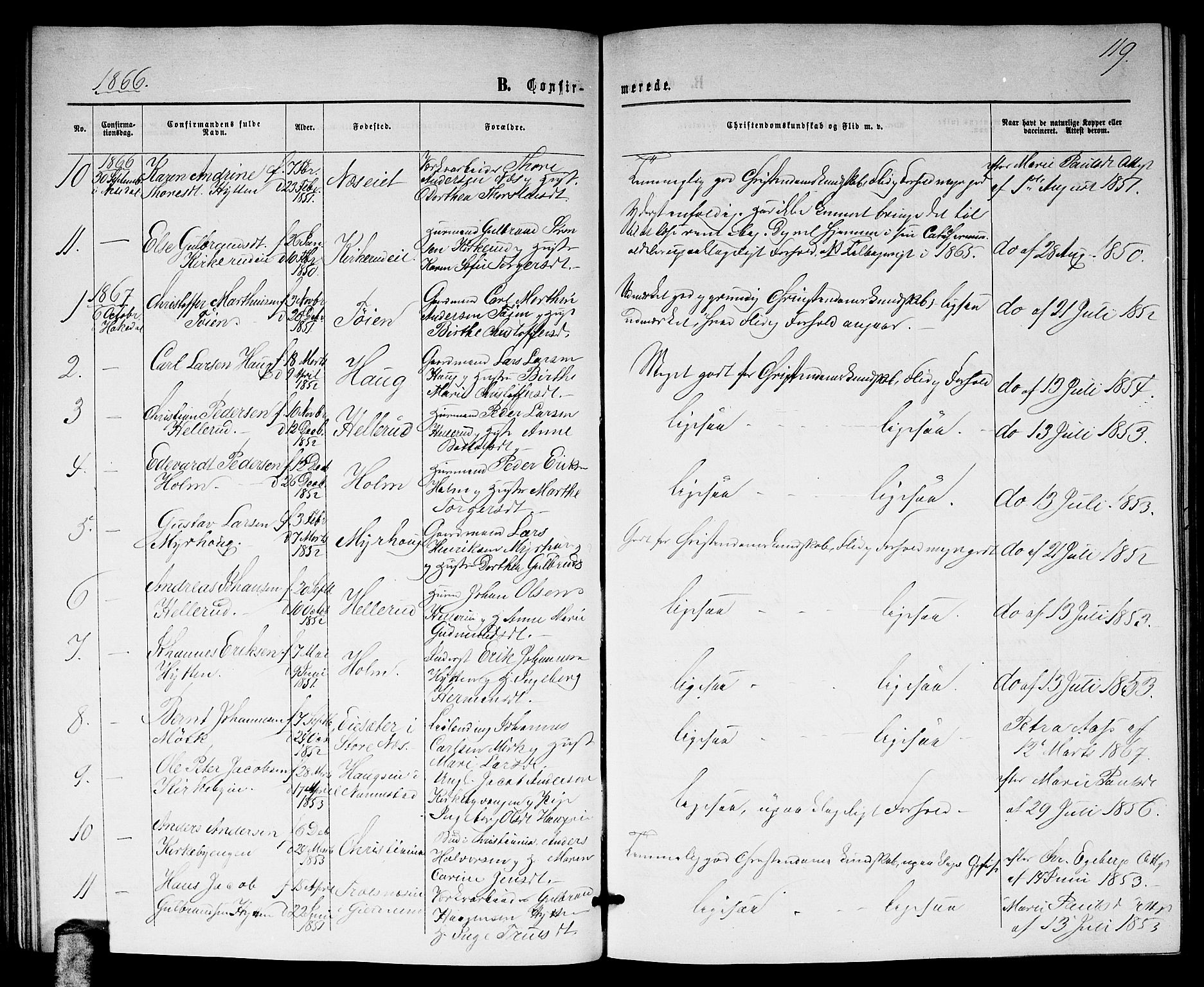 Nittedal prestekontor Kirkebøker, SAO/A-10365a/G/Gb/L0001: Parish register (copy) no. II 1, 1859-1878, p. 119