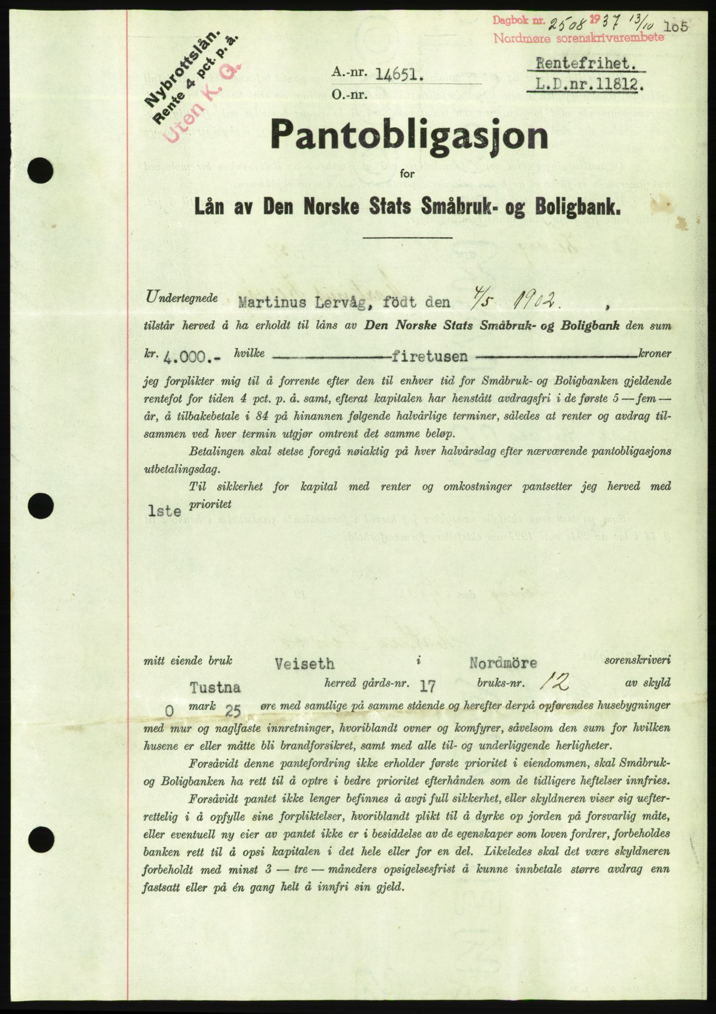 Nordmøre sorenskriveri, AV/SAT-A-4132/1/2/2Ca/L0092: Mortgage book no. B82, 1937-1938, Diary no: : 2508/1937