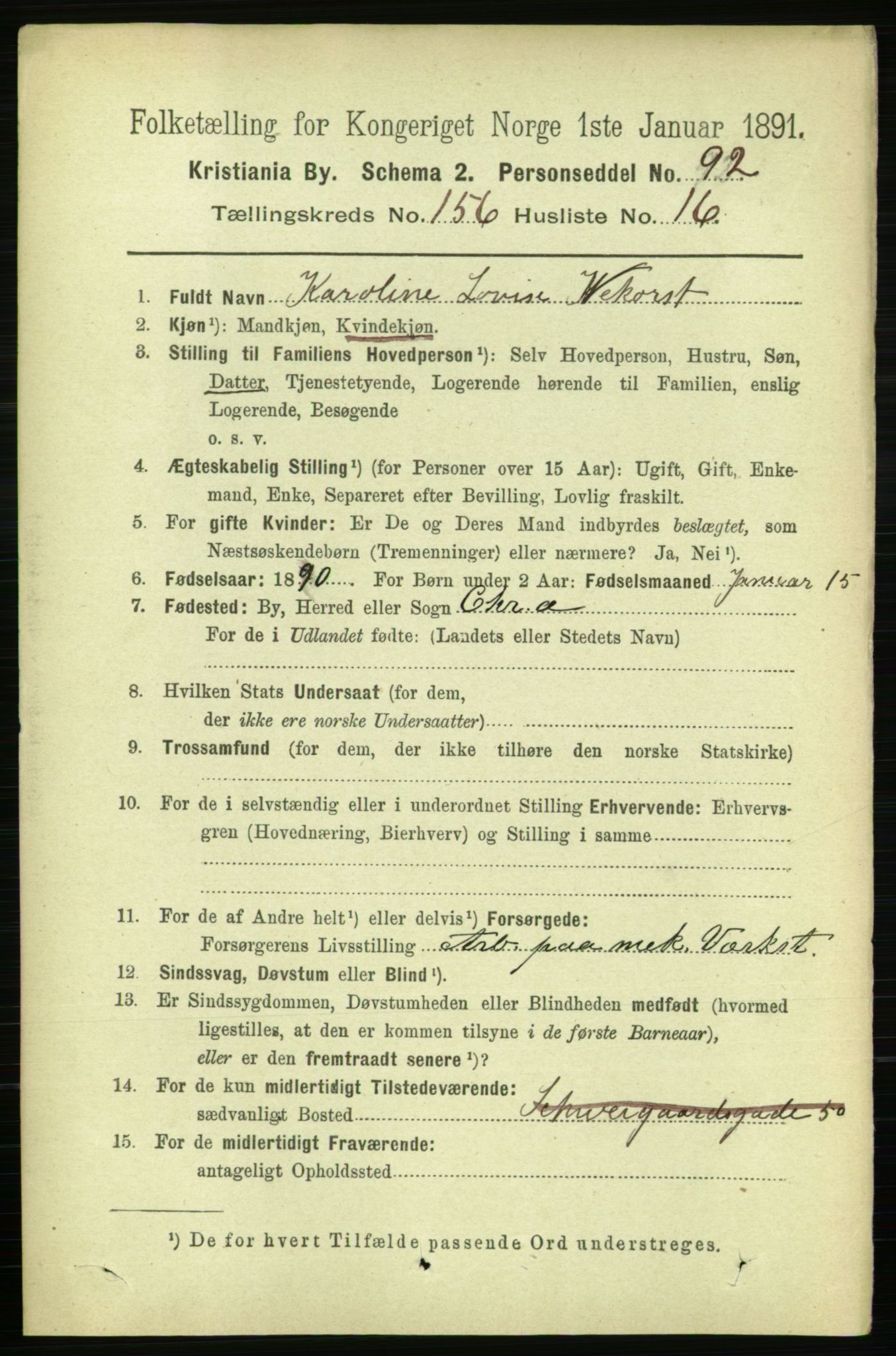 RA, 1891 census for 0301 Kristiania, 1891, p. 89174