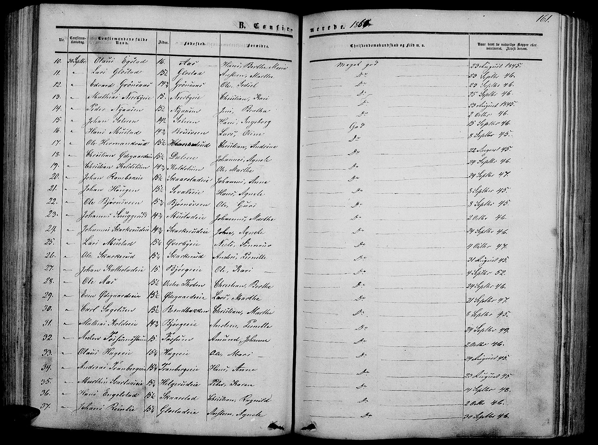 Vardal prestekontor, SAH/PREST-100/H/Ha/Hab/L0005: Parish register (copy) no. 5, 1854-1868, p. 161