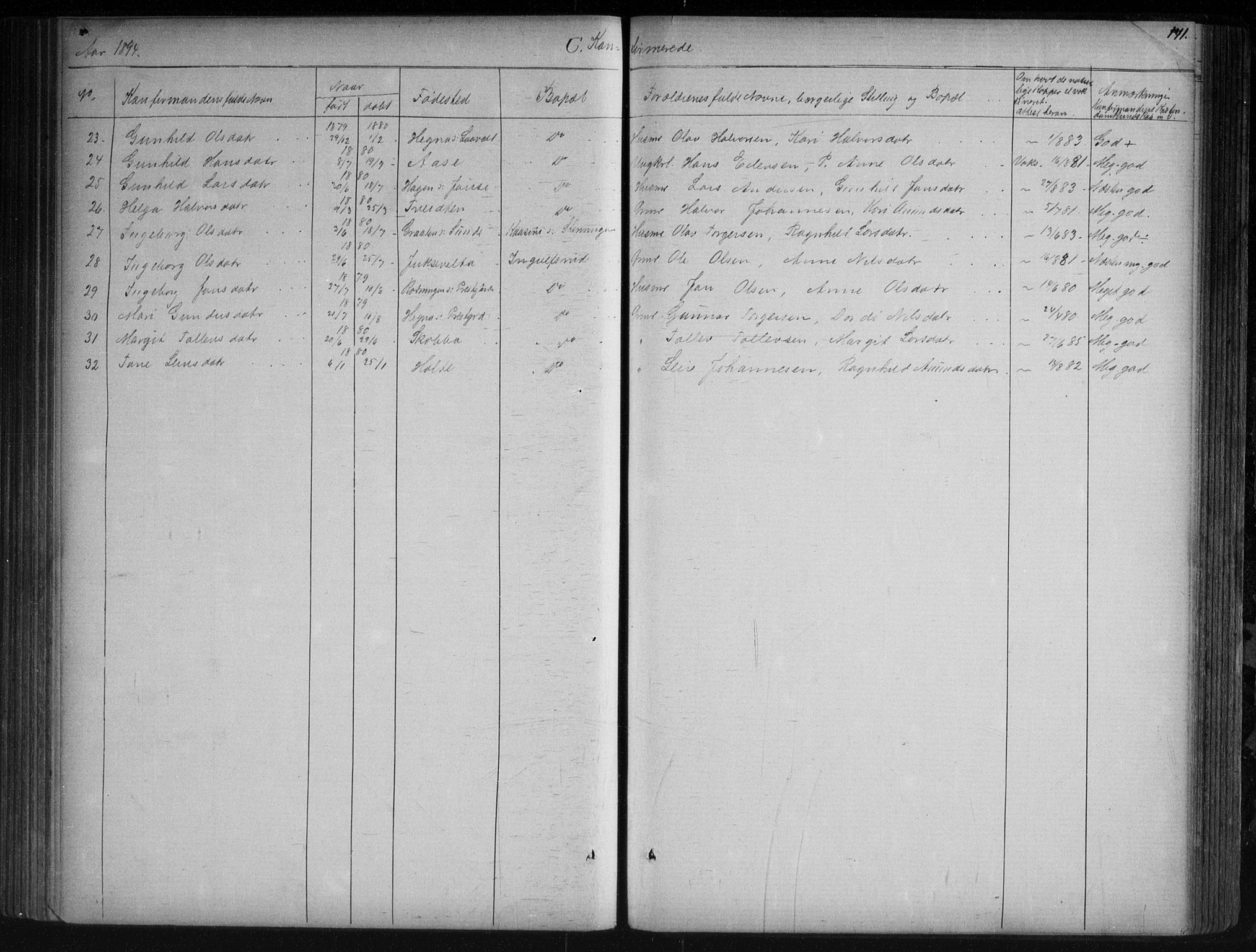 Sauherad kirkebøker, AV/SAKO-A-298/G/Ga/L0003: Parish register (copy) no. I 3, 1866-1905, p. 141