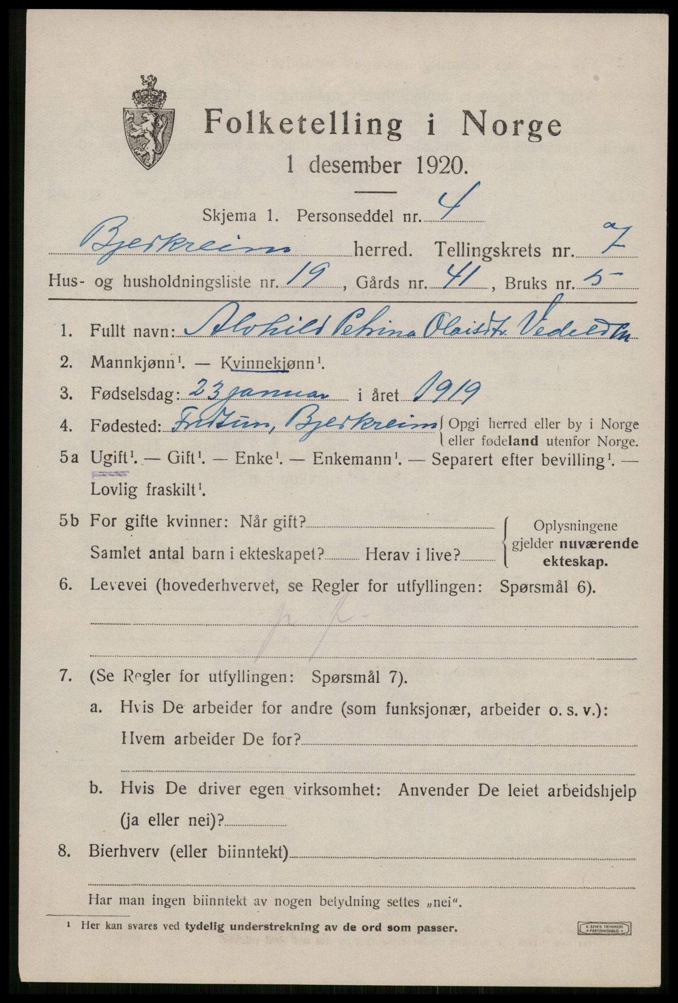 SAST, 1920 census for Bjerkreim, 1920, p. 2582