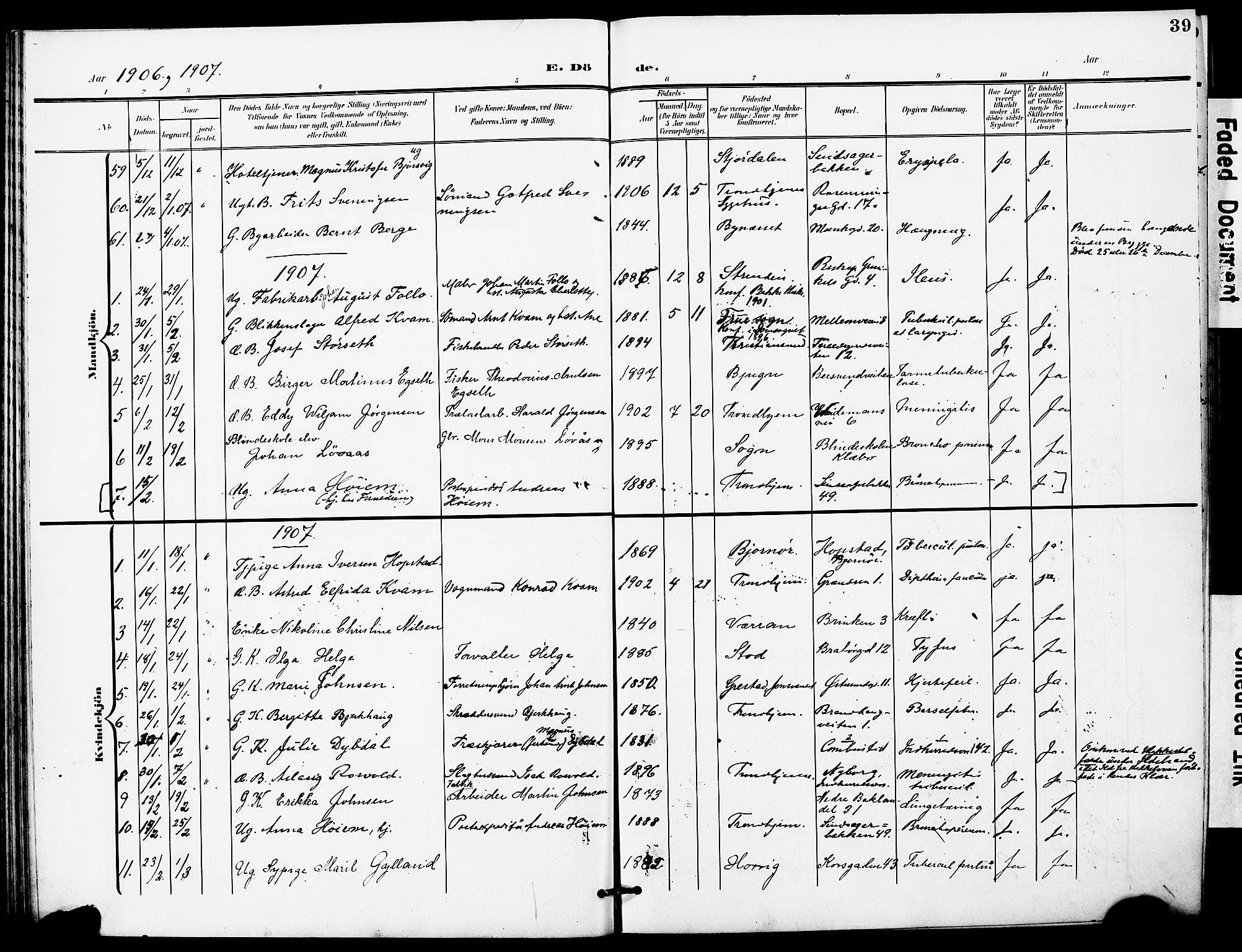 Ministerialprotokoller, klokkerbøker og fødselsregistre - Sør-Trøndelag, SAT/A-1456/628/L0483: Parish register (official) no. 628A01, 1902-1920, p. 39