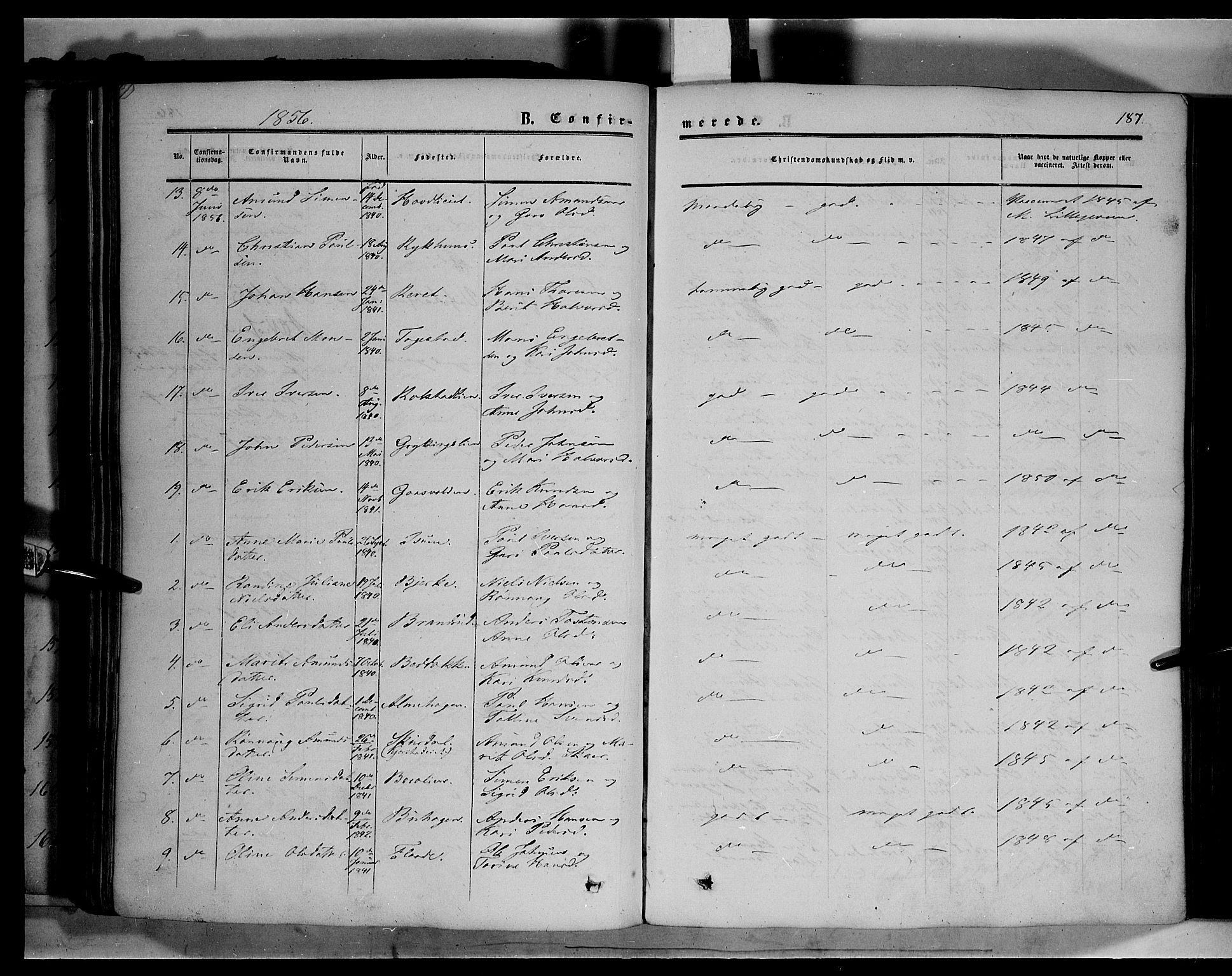 Sør-Fron prestekontor, SAH/PREST-010/H/Ha/Haa/L0001: Parish register (official) no. 1, 1849-1863, p. 187