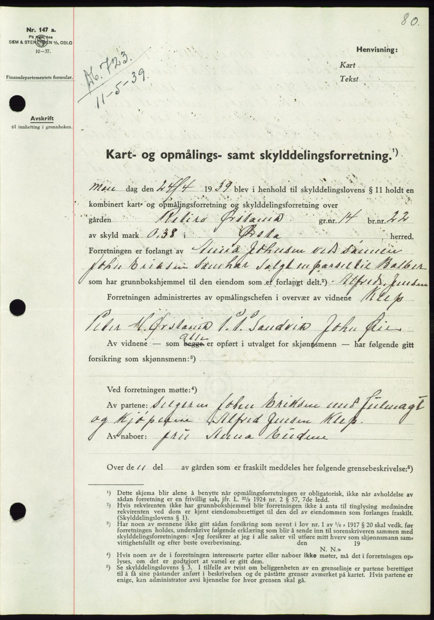 Søre Sunnmøre sorenskriveri, AV/SAT-A-4122/1/2/2C/L0068: Mortgage book no. 62, 1939-1939, Diary no: : 723/1939