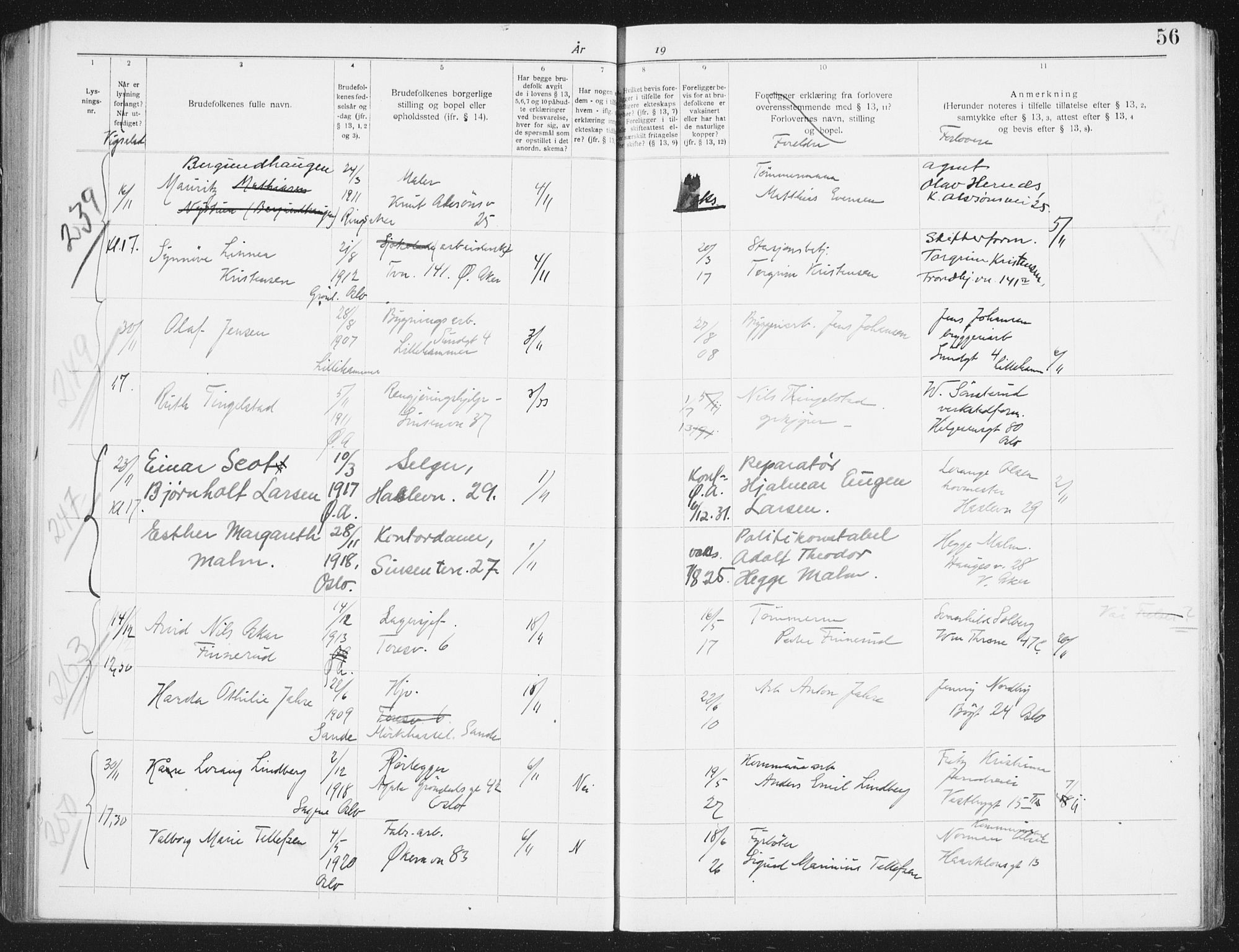 Østre Aker prestekontor Kirkebøker, AV/SAO-A-10840/H/Ha/L0009: Banns register no. I 9, 1939-1942, p. 56