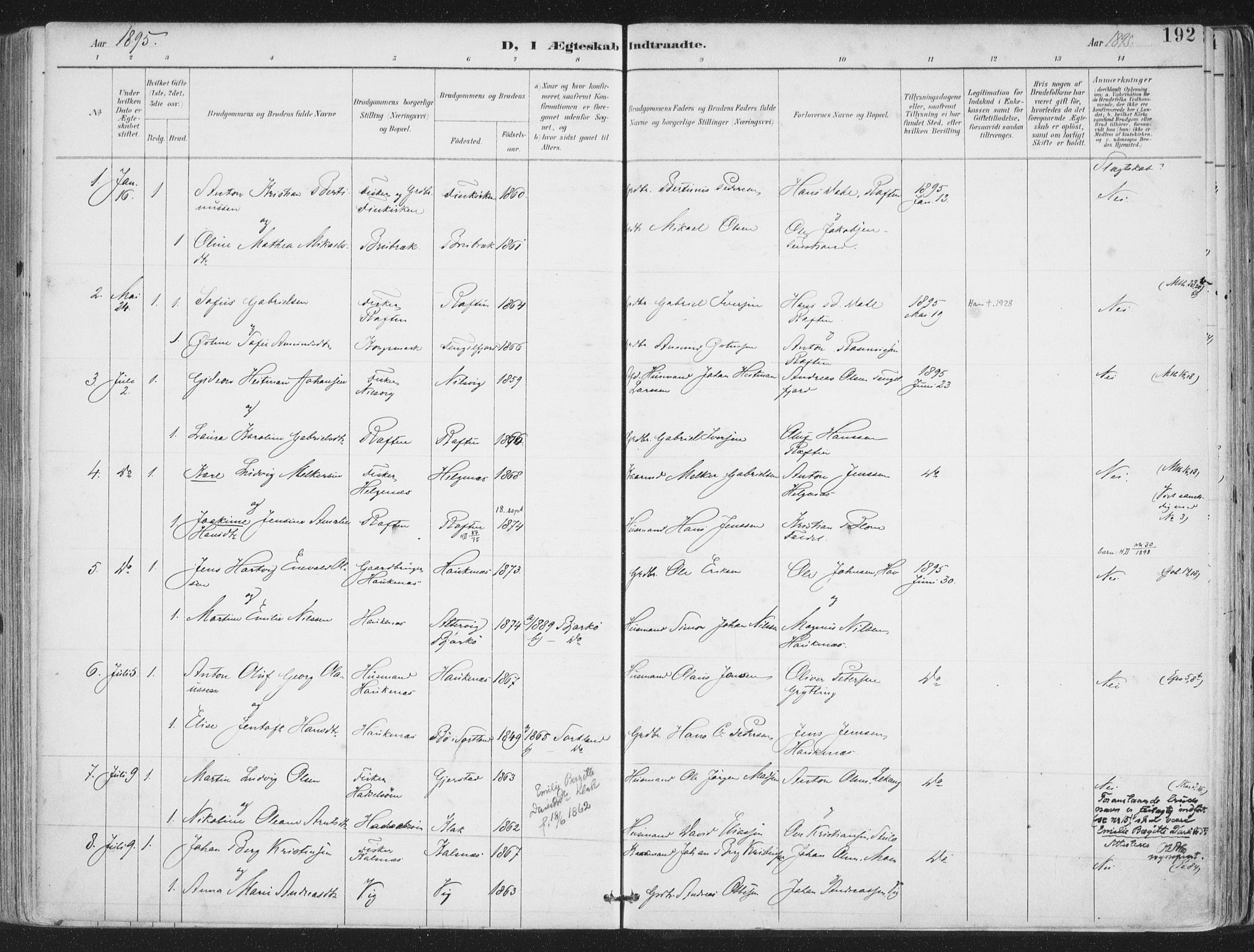 Ministerialprotokoller, klokkerbøker og fødselsregistre - Nordland, SAT/A-1459/888/L1246: Parish register (official) no. 888A12, 1891-1903, p. 192