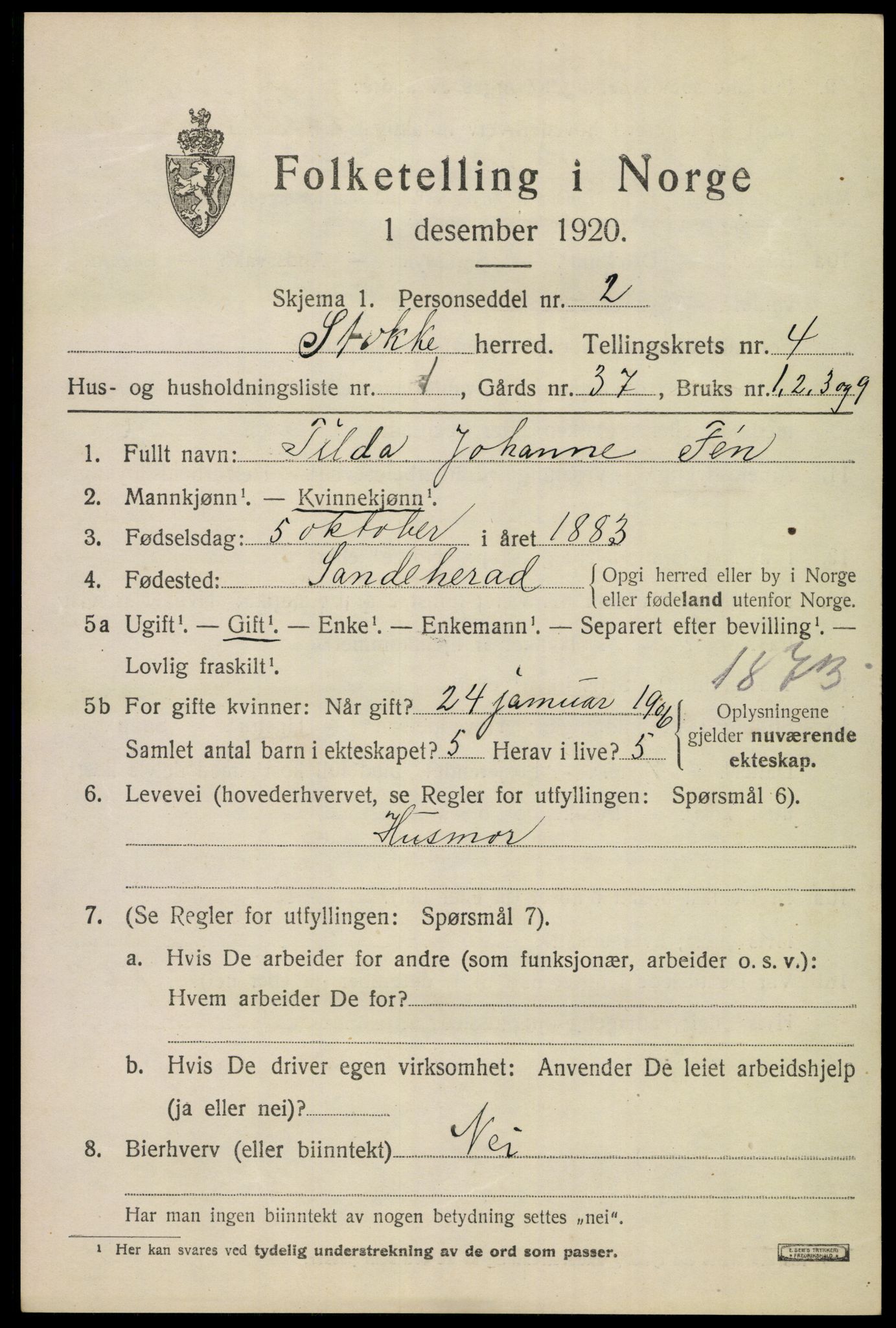 SAKO, 1920 census for Stokke, 1920, p. 5922