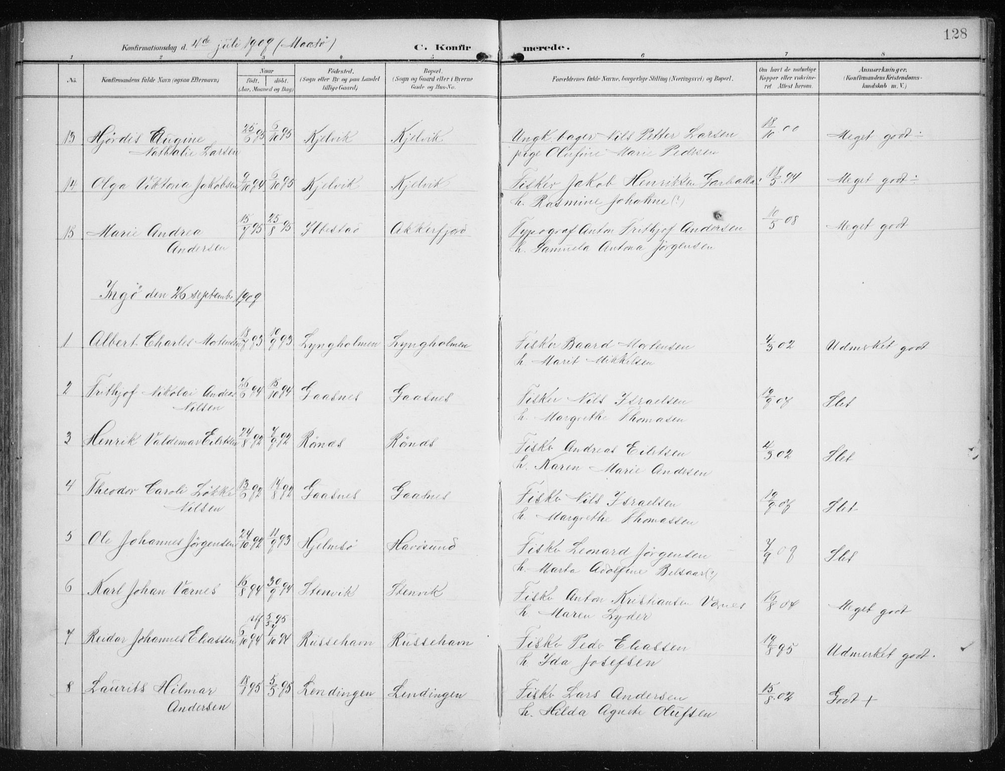 Måsøy sokneprestkontor, AV/SATØ-S-1348/H/Ha/L0009kirke: Parish register (official) no. 9, 1903-1914, p. 128
