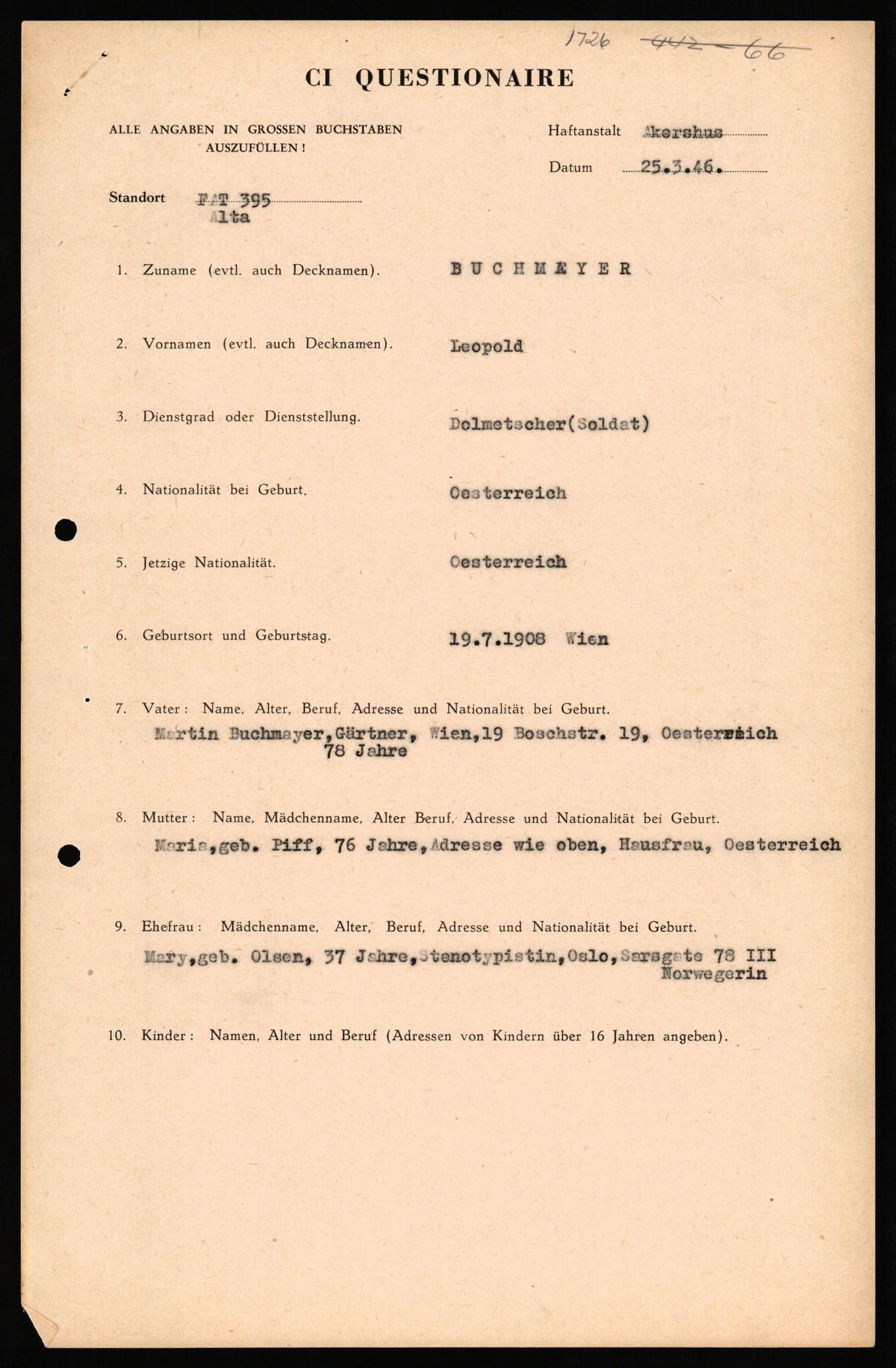 Forsvaret, Forsvarets overkommando II, AV/RA-RAFA-3915/D/Db/L0038: CI Questionaires. Tyske okkupasjonsstyrker i Norge. Østerrikere., 1945-1946, p. 133