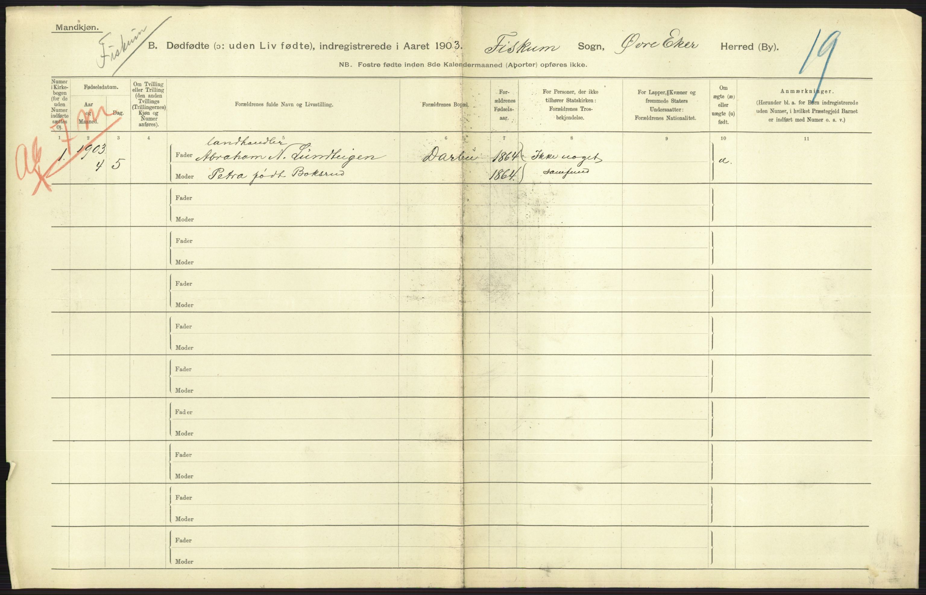 Statistisk sentralbyrå, Sosiodemografiske emner, Befolkning, AV/RA-S-2228/D/Df/Dfa/Dfaa/L0024: Smålenenes - Stavanger amt: Dødfødte. Bygder., 1903, p. 289