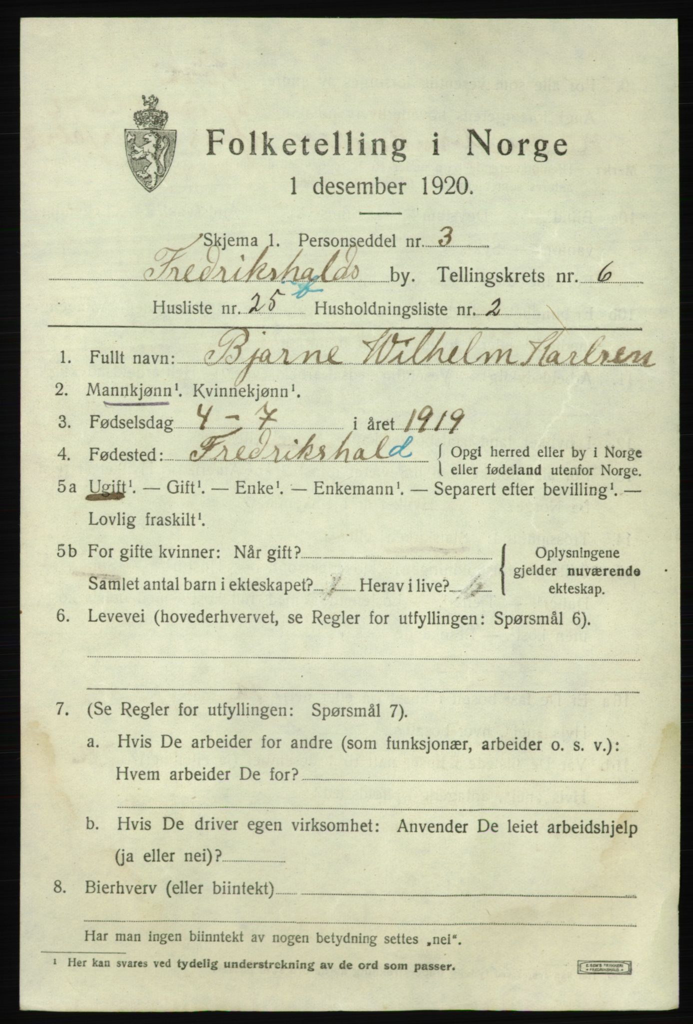 SAO, 1920 census for Fredrikshald, 1920, p. 13664