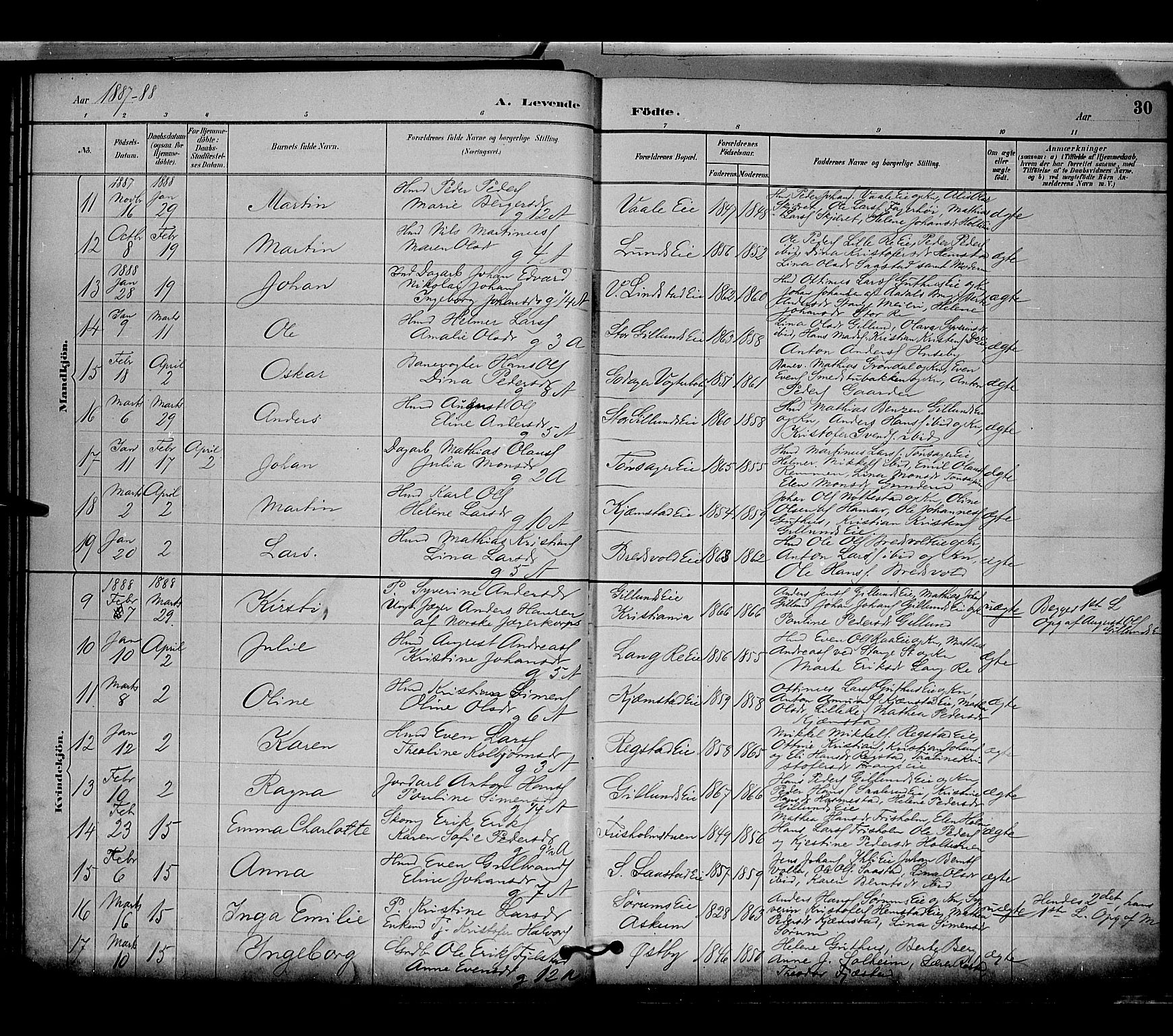 Stange prestekontor, AV/SAH-PREST-002/L/L0009: Parish register (copy) no. 9, 1883-1899, p. 30