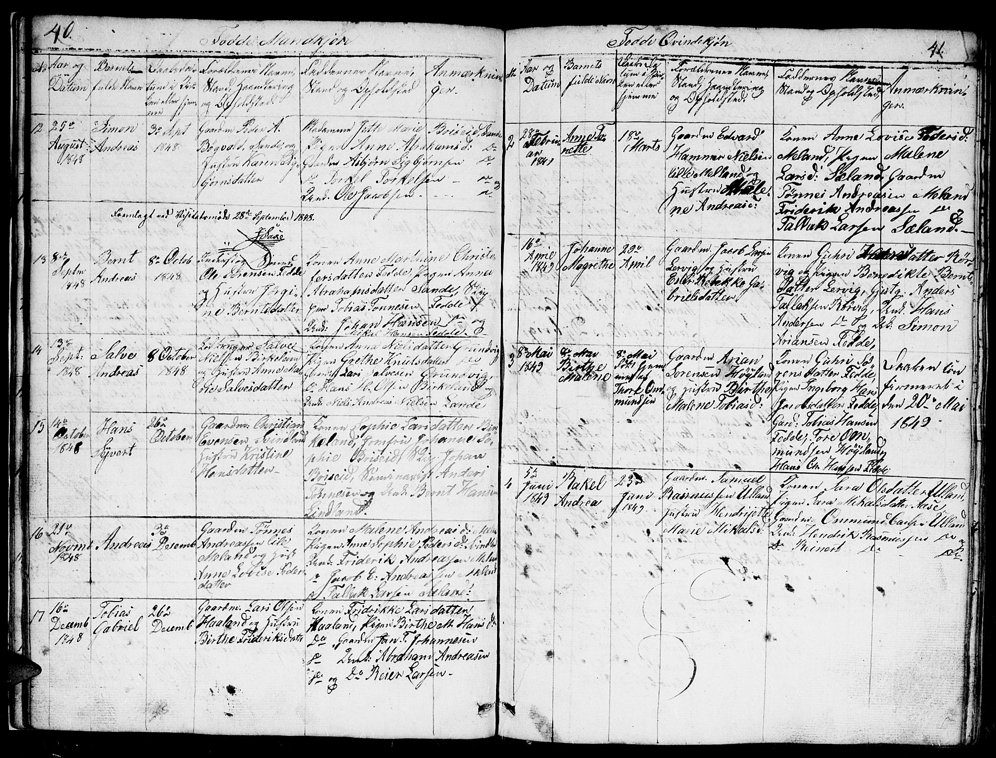 Kvinesdal sokneprestkontor, AV/SAK-1111-0026/F/Fb/Fba/L0002: Parish register (copy) no. B 2, 1838-1858, p. 42-43