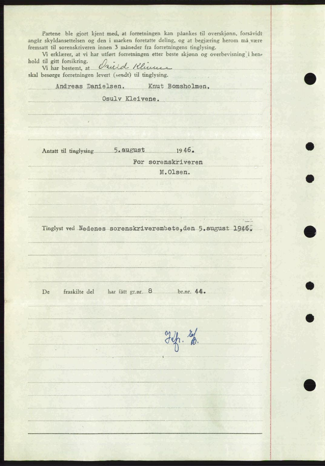 Nedenes sorenskriveri, AV/SAK-1221-0006/G/Gb/Gba/L0055: Mortgage book no. A7, 1946-1946, Diary no: : 876/1946