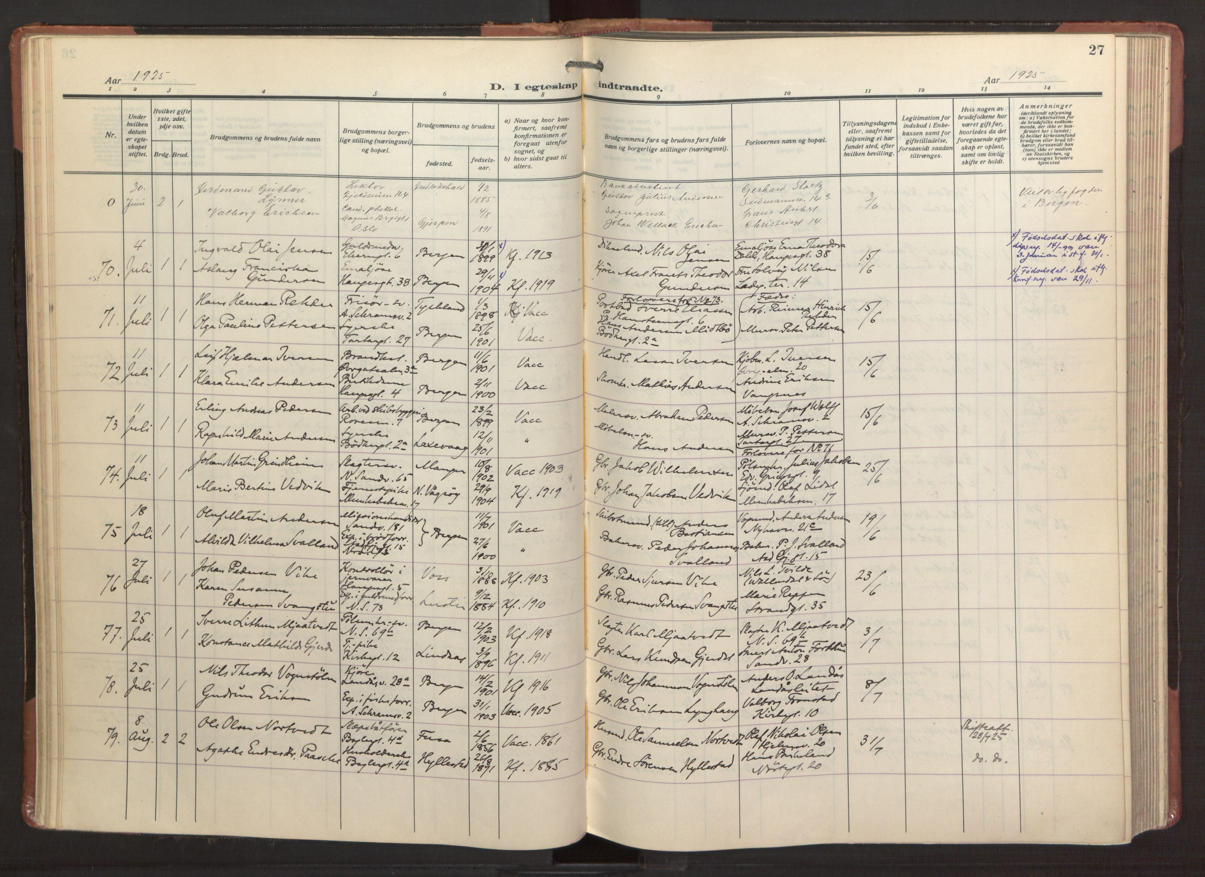 Sandviken Sokneprestembete, AV/SAB-A-77601/H/Ha/L0016: Parish register (official) no. D 3, 1923-1940, p. 27