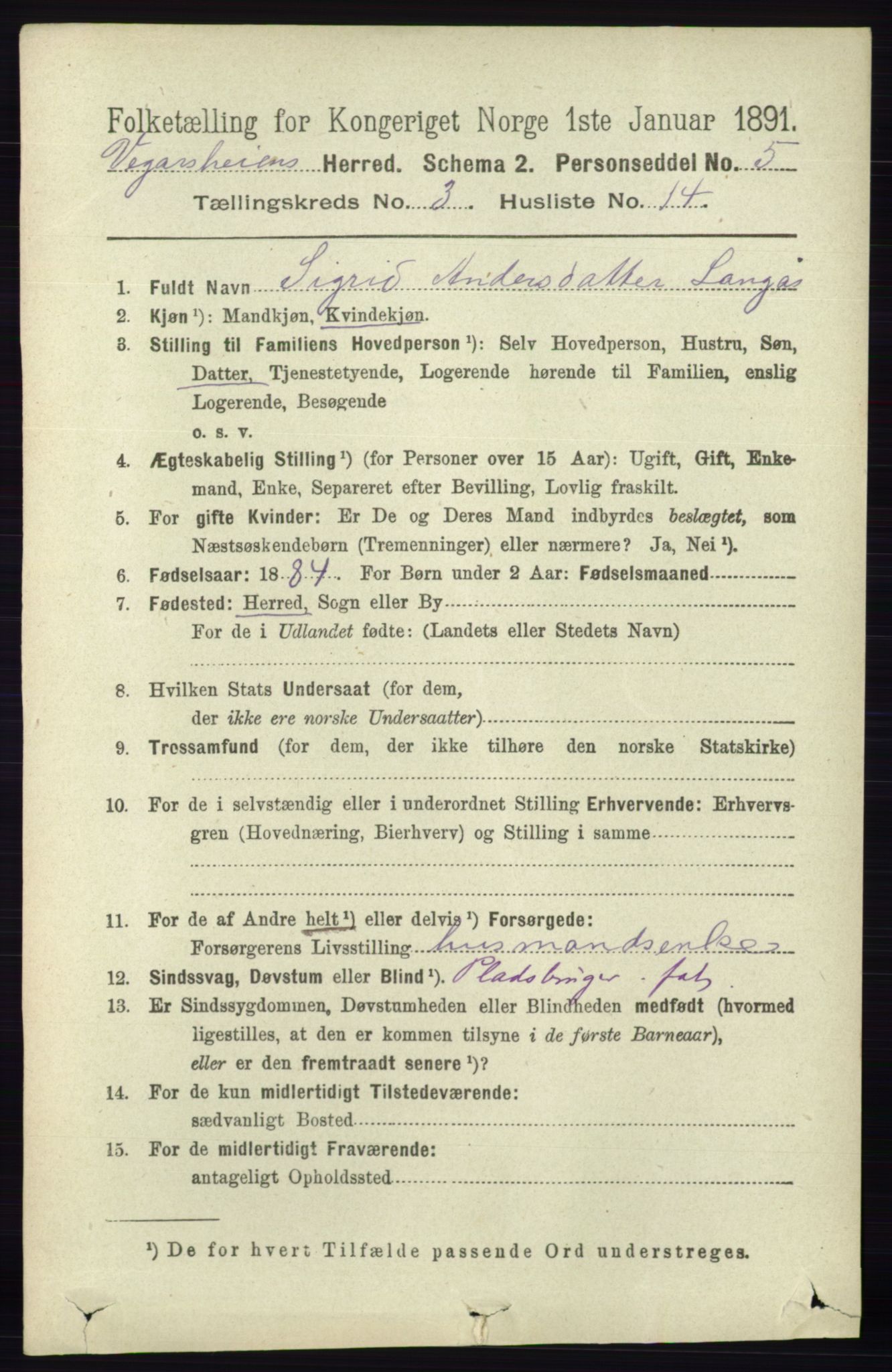 RA, 1891 census for 0912 Vegårshei, 1891, p. 726