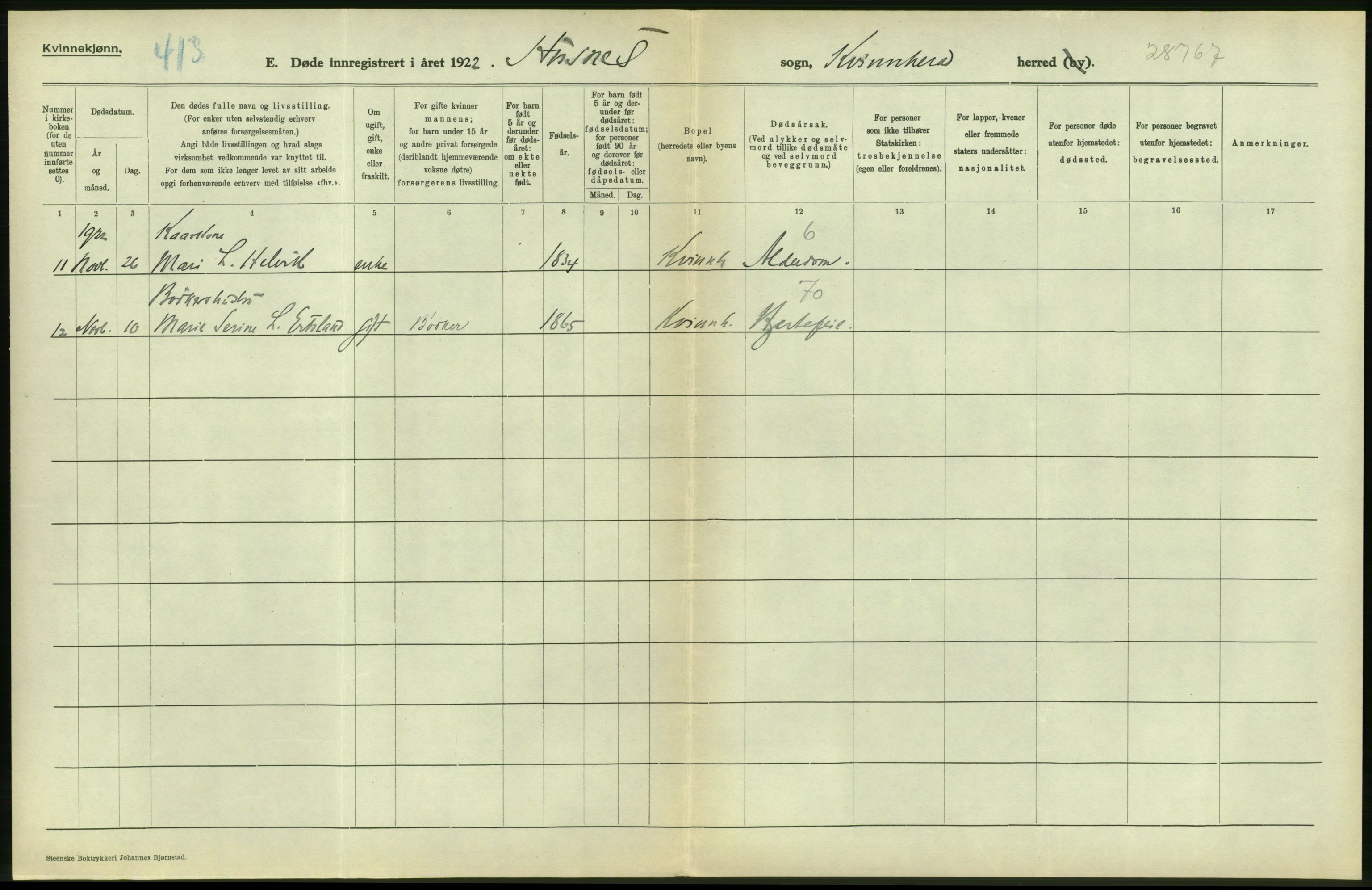 Statistisk sentralbyrå, Sosiodemografiske emner, Befolkning, AV/RA-S-2228/D/Df/Dfc/Dfcb/L0028: Hordaland fylke: Døde, dødfødte. Bygder., 1922, p. 10