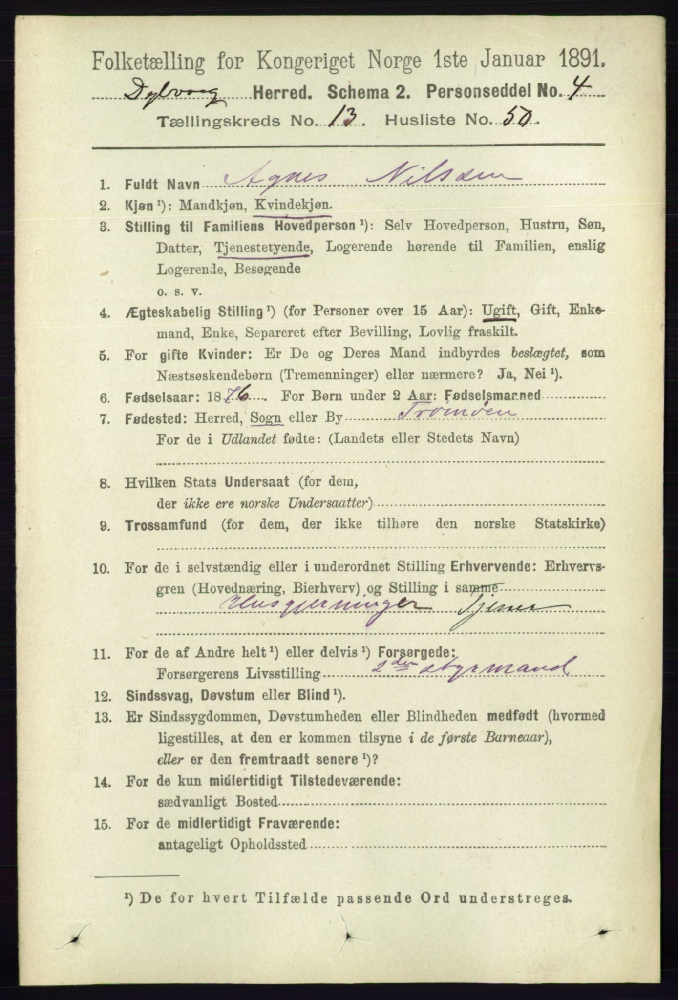 RA, 1891 census for 0915 Dypvåg, 1891, p. 5597