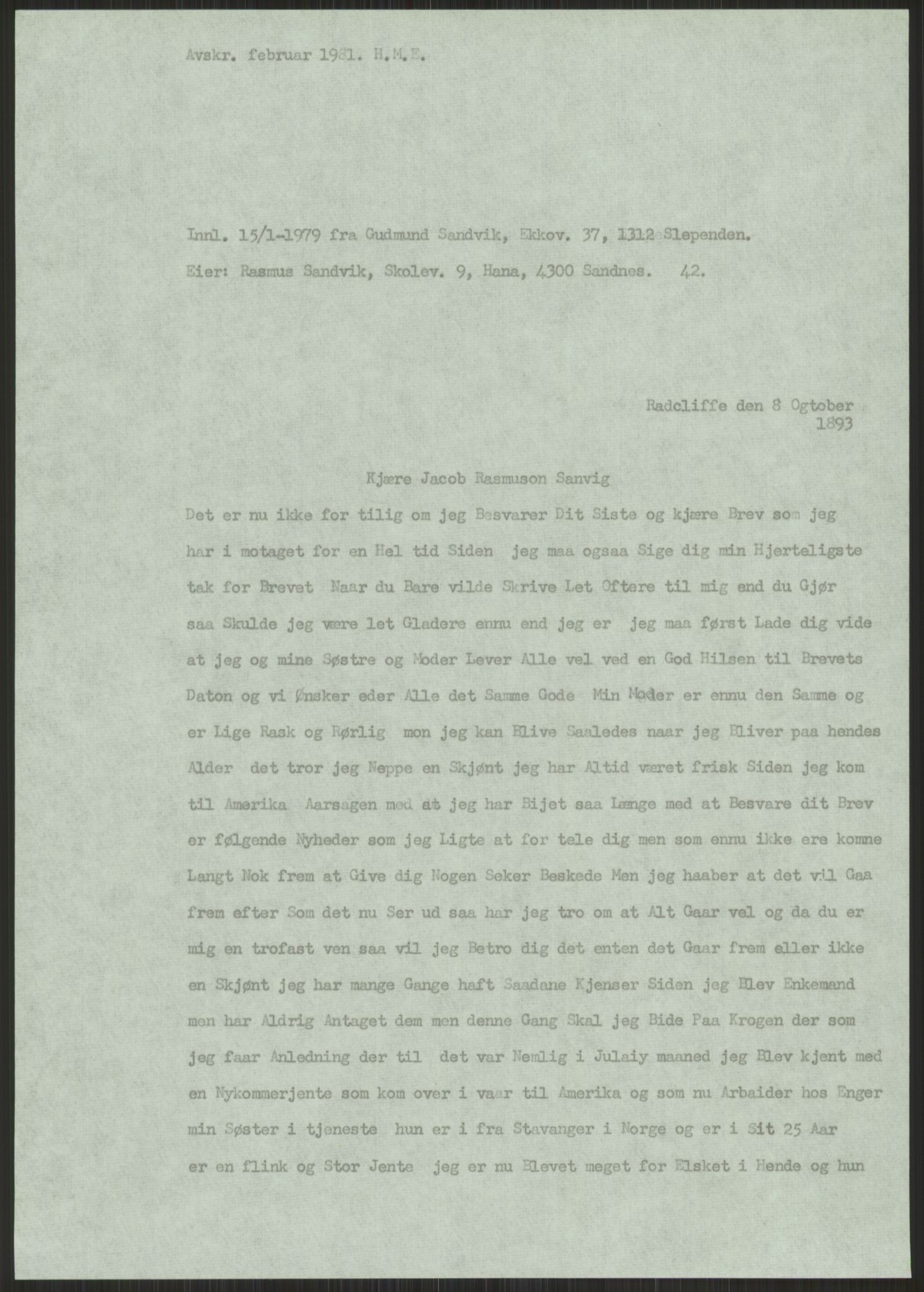 Samlinger til kildeutgivelse, Amerikabrevene, AV/RA-EA-4057/F/L0032: Innlån fra Hordaland: Nesheim - Øverland, 1838-1914, p. 943